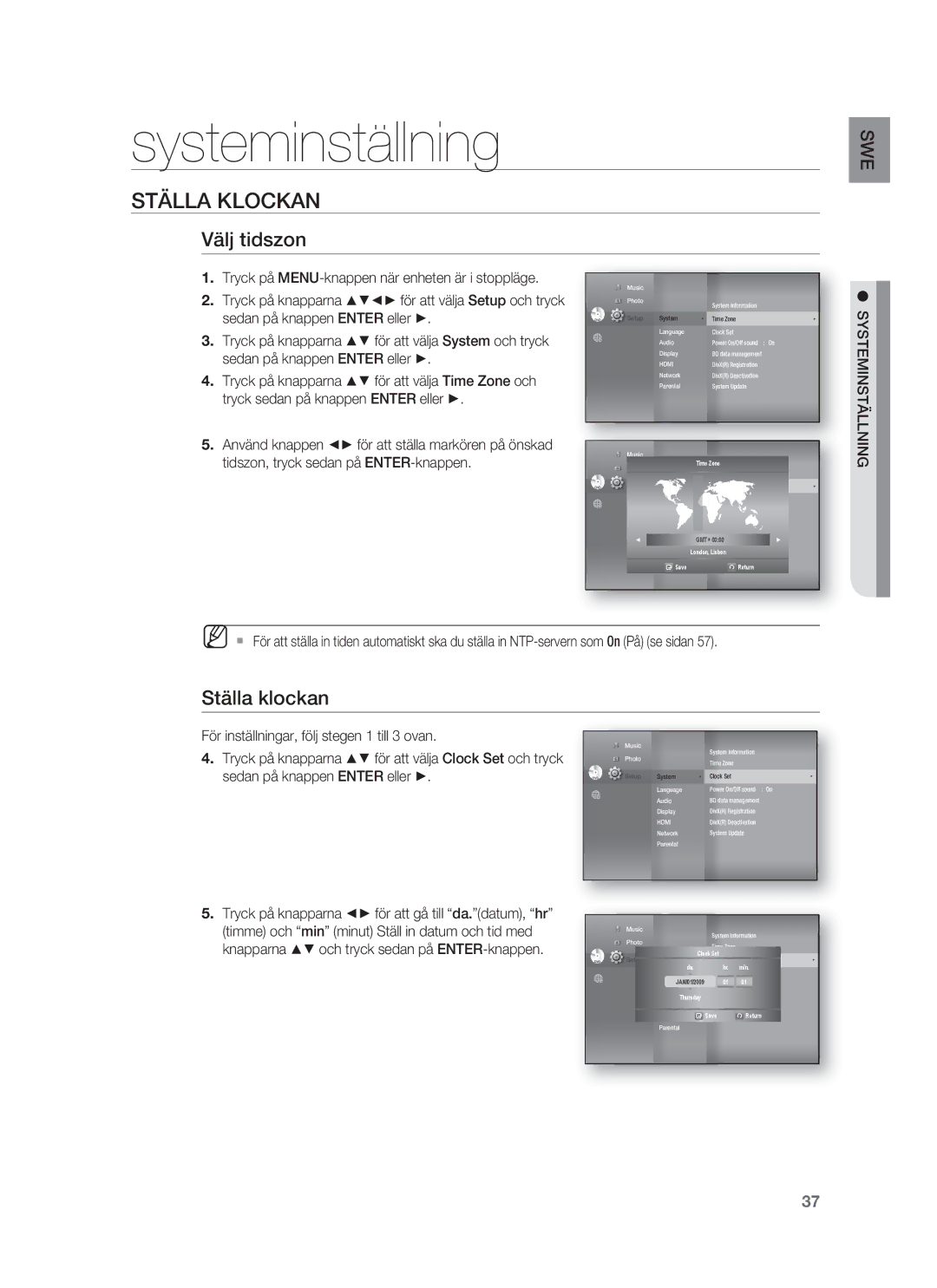 Samsung HT-BD1250R/XEE manual Systeminställning, Ställa Klockan, Välj tidszon, Ställa klockan, Sedan på knappen Enter eller 