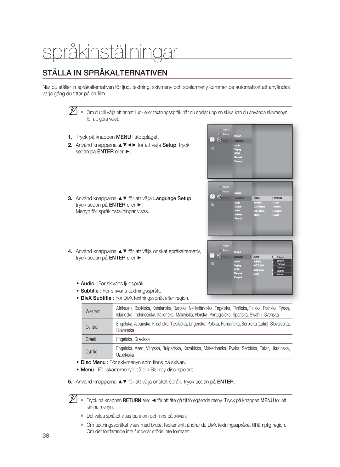 Samsung HT-BD1252R/XEE, HT-BD1255R/XEE, HT-BD1250R/XEE manual Språkinställningar, Ställa in Språkalternativen, Western 