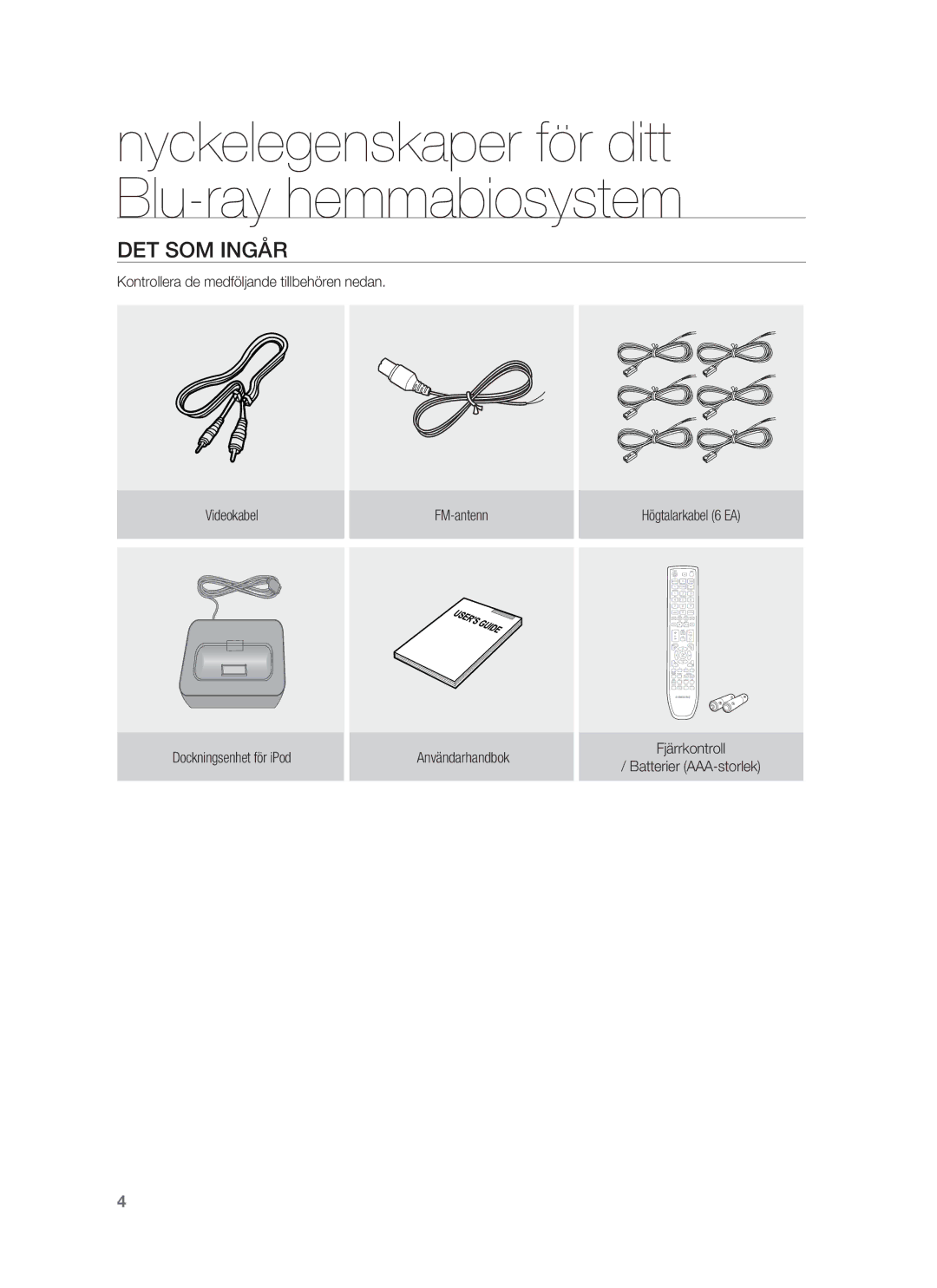 Samsung HT-BD1250R/XEE, HT-BD1255R/XEE, HT-BD1252R/XEE manual Nyckelegenskaper för ditt Blu-ray hemmabiosystem, DET SOM Ingår 