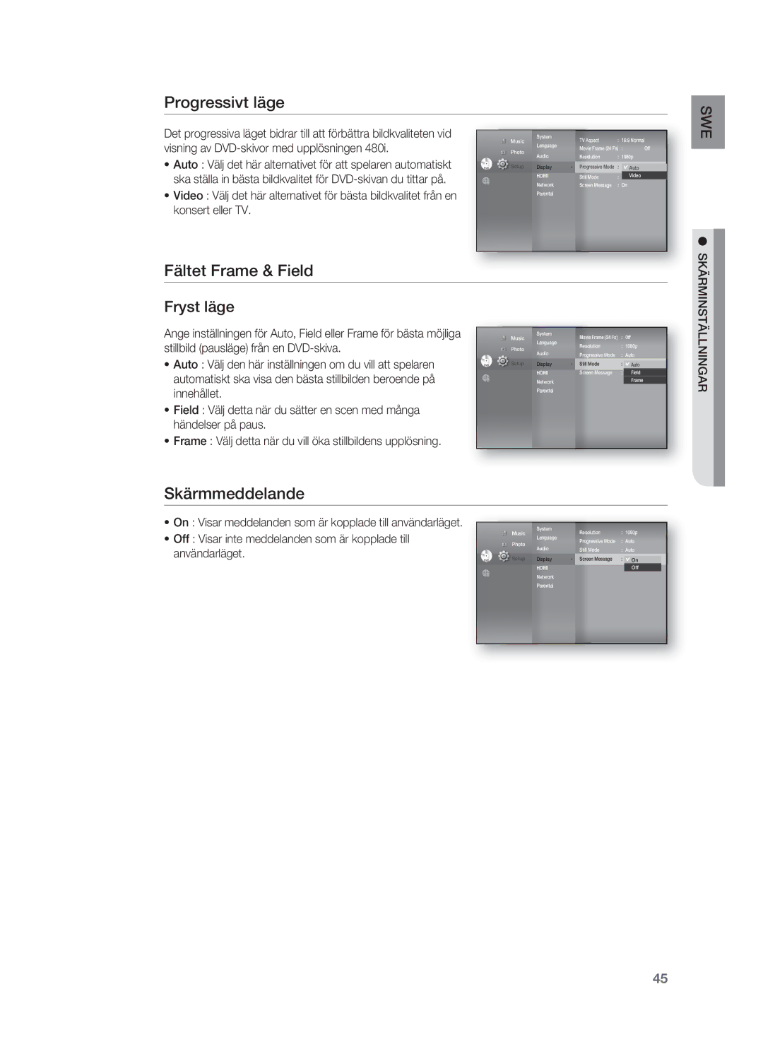 Samsung HT-BD1255R/XEE, HT-BD1250R/XEE manual Progressivt läge, Fältet Frame & Field, Skärmmeddelande, Skärminställningar 