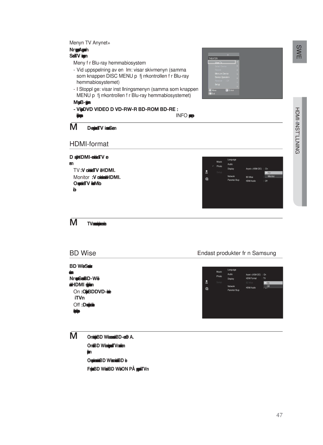 Samsung HT-BD1252R/XEE, HT-BD1255R/XEE, HT-BD1250R/XEE manual HDMI-format, BD Wise, Hdmi-Inställning 