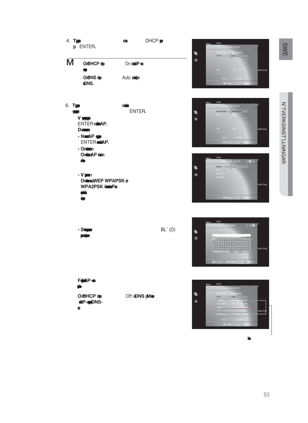 Samsung HT-BD1252R/XEE, HT-BD1255R/XEE, HT-BD1250R/XEE manual Nätverksinställningar 