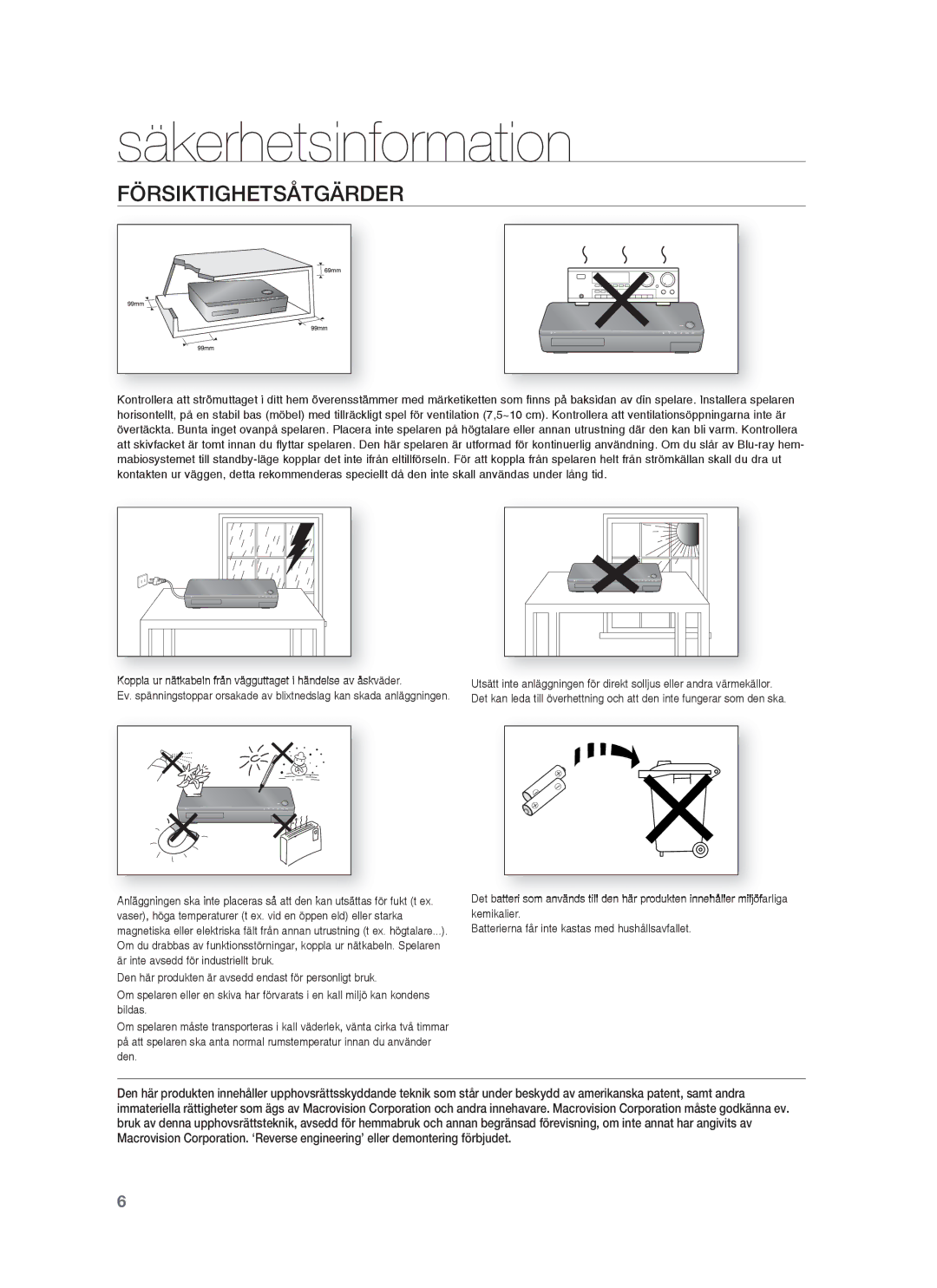 Samsung HT-BD1255R/XEE, HT-BD1250R/XEE, HT-BD1252R/XEE manual Försiktighetsåtgärder 