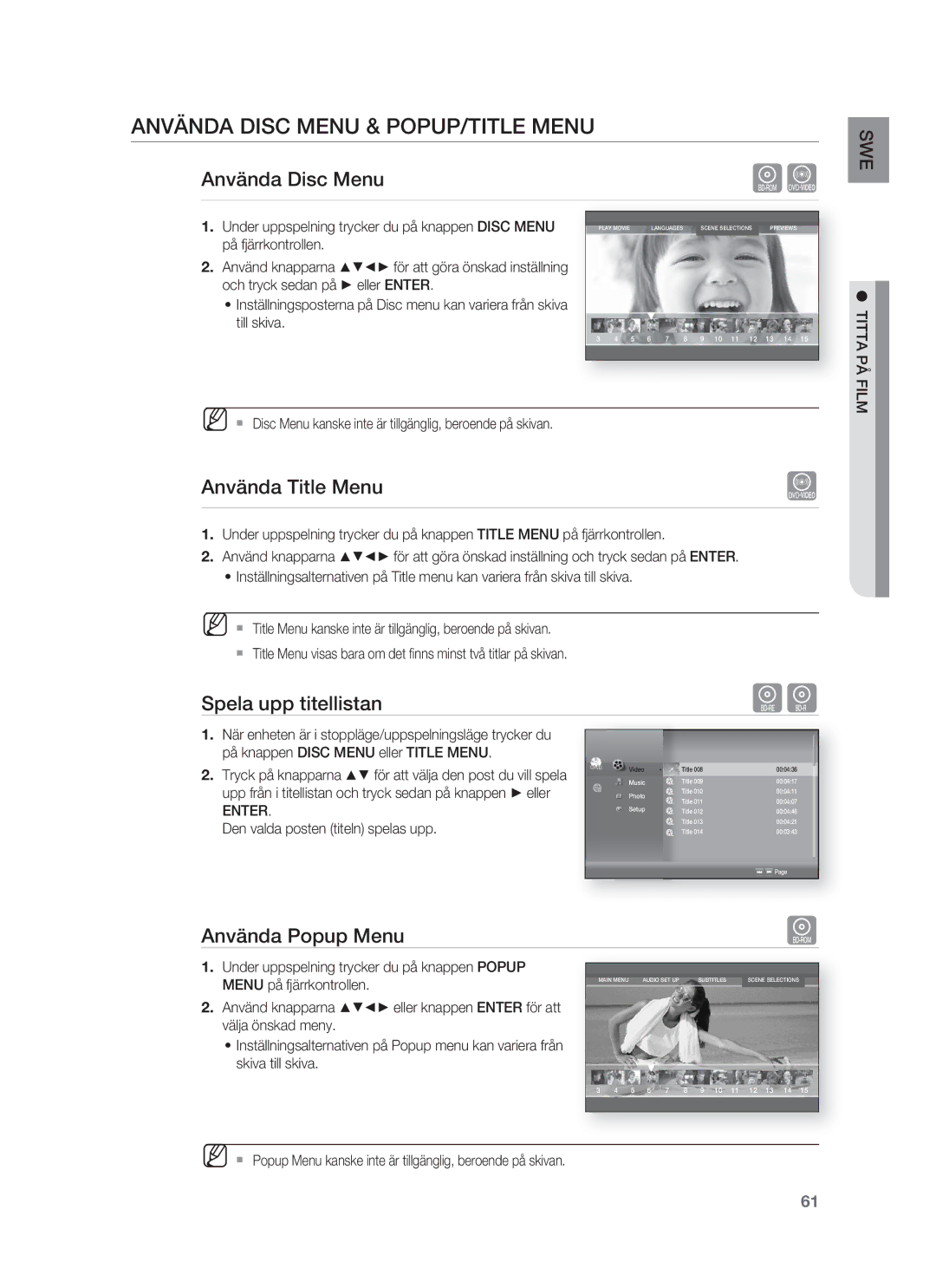 Samsung HT-BD1250R/XEE Använda Disc Menu & POPUP/TITLE Menu, Använda Title Menu, Spela upp titellistan, Använda Popup Menu 