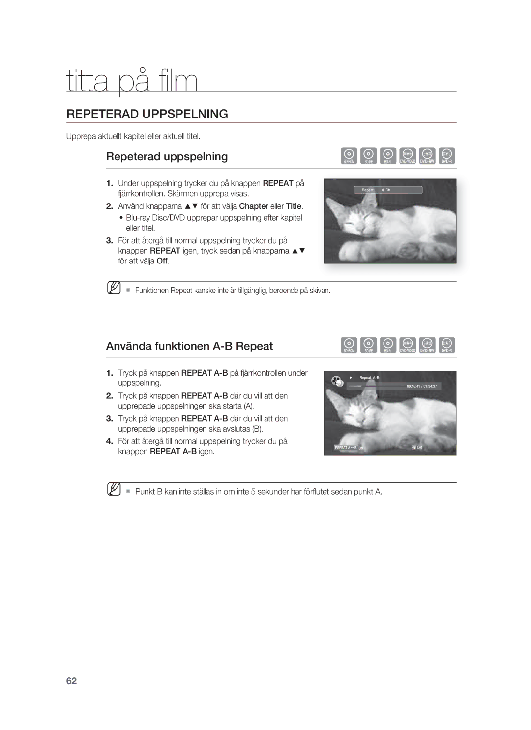 Samsung HT-BD1252R/XEE, HT-BD1255R/XEE manual Repeterad Uppspelning, Repeterad uppspelning, Använda funktionen A-B Repeat 