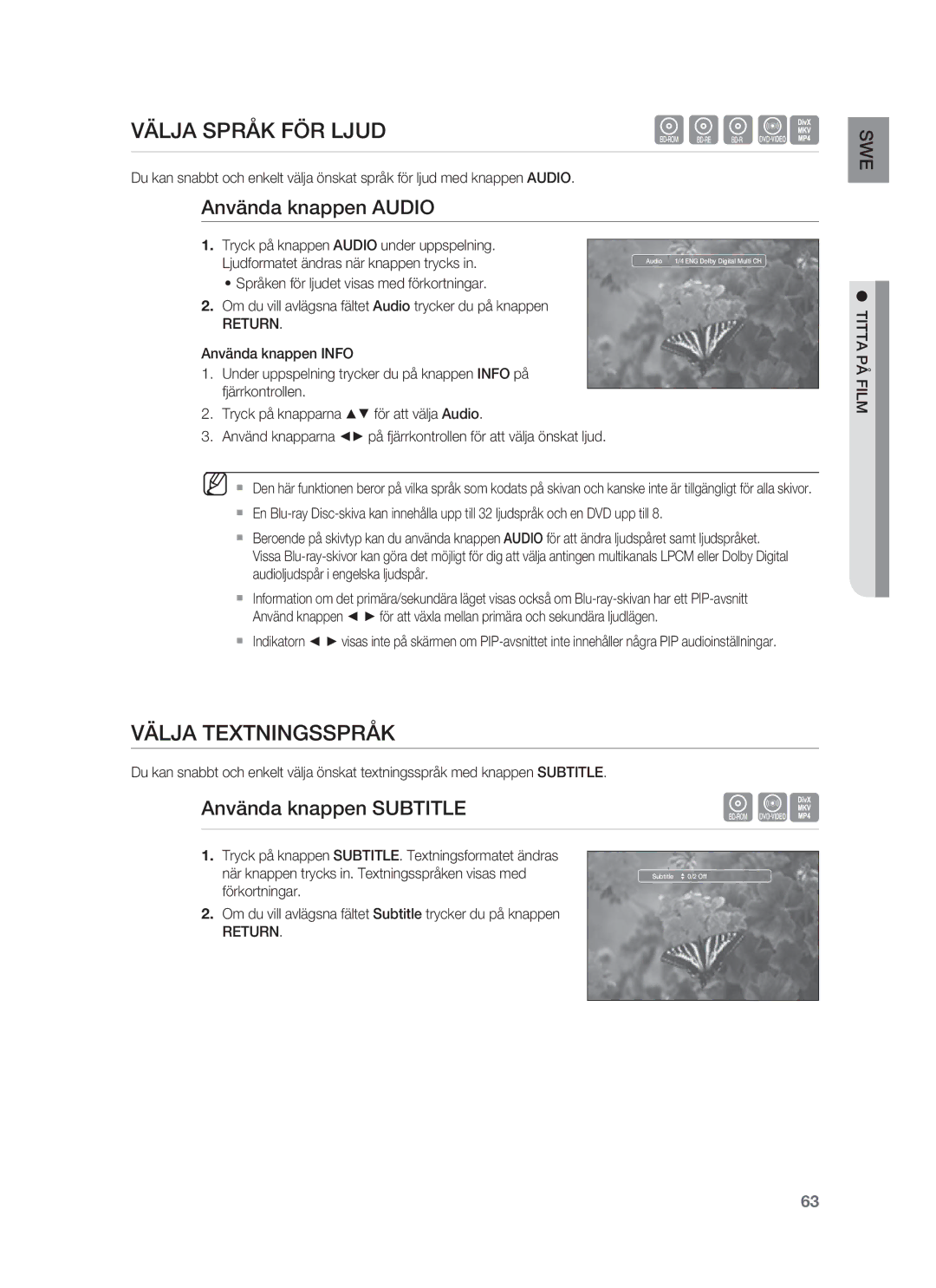 Samsung HT-BD1255R/XEE Välja Språk FÖR Ljud, Välja Textningsspråk, Använda knappen Audio, Använda knappen Subtitle, Return 