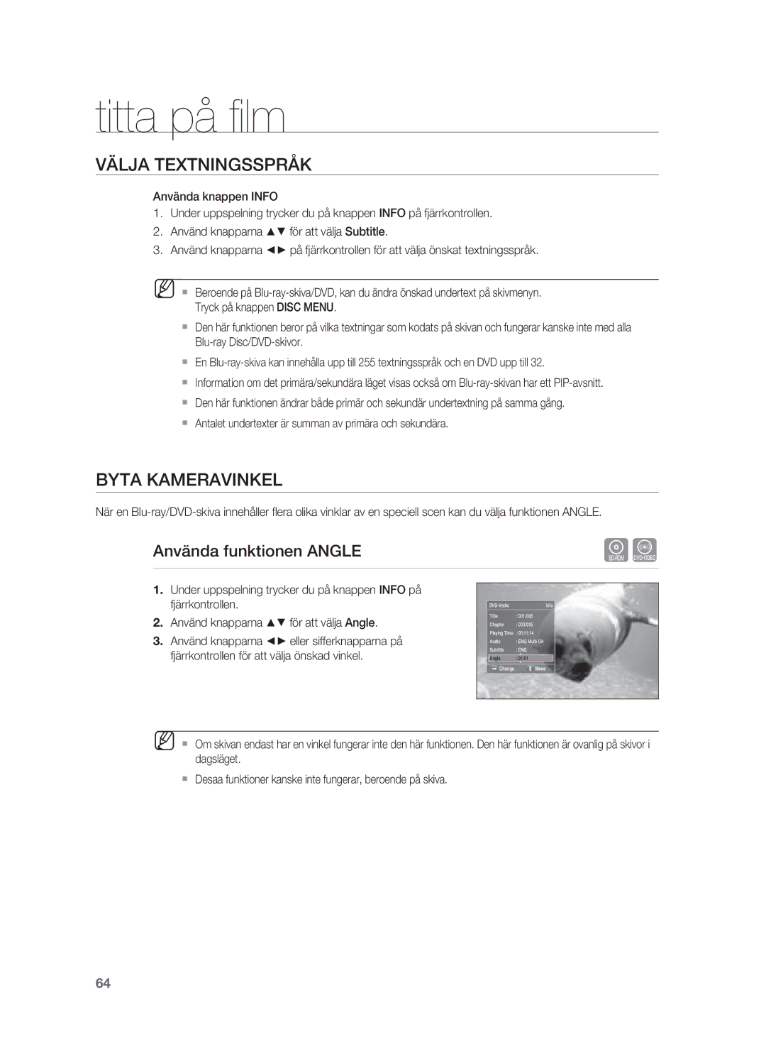 Samsung HT-BD1250R/XEE, HT-BD1255R/XEE, HT-BD1252R/XEE manual Byta Kameravinkel, Använda funktionen Angle 