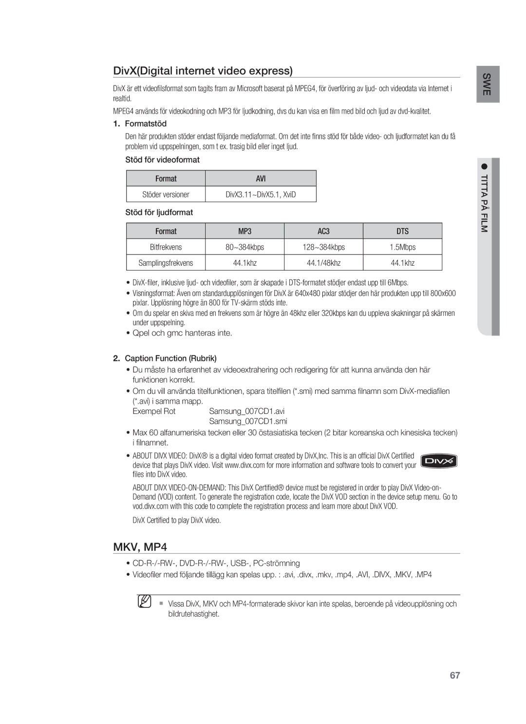 Samsung HT-BD1250R/XEE, HT-BD1255R/XEE, HT-BD1252R/XEE manual MKV, MP4 