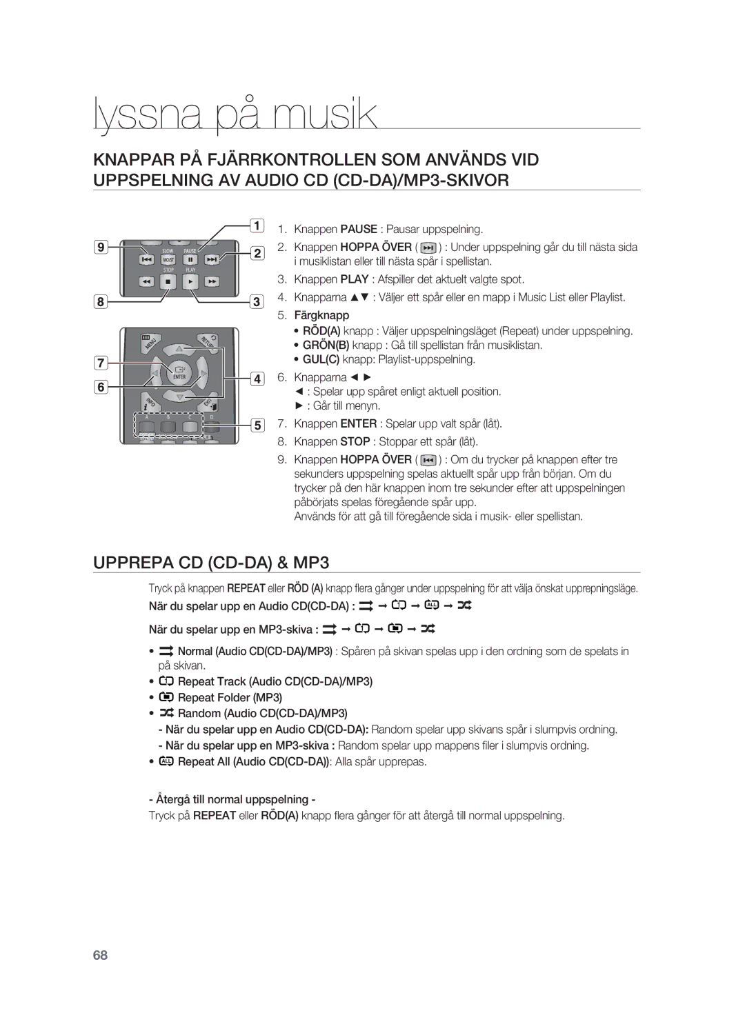 Samsung HT-BD1252R/XEE, HT-BD1255R/XEE, HT-BD1250R/XEE manual Lyssna på musik, Upprepa CD CD-DA & MP3 