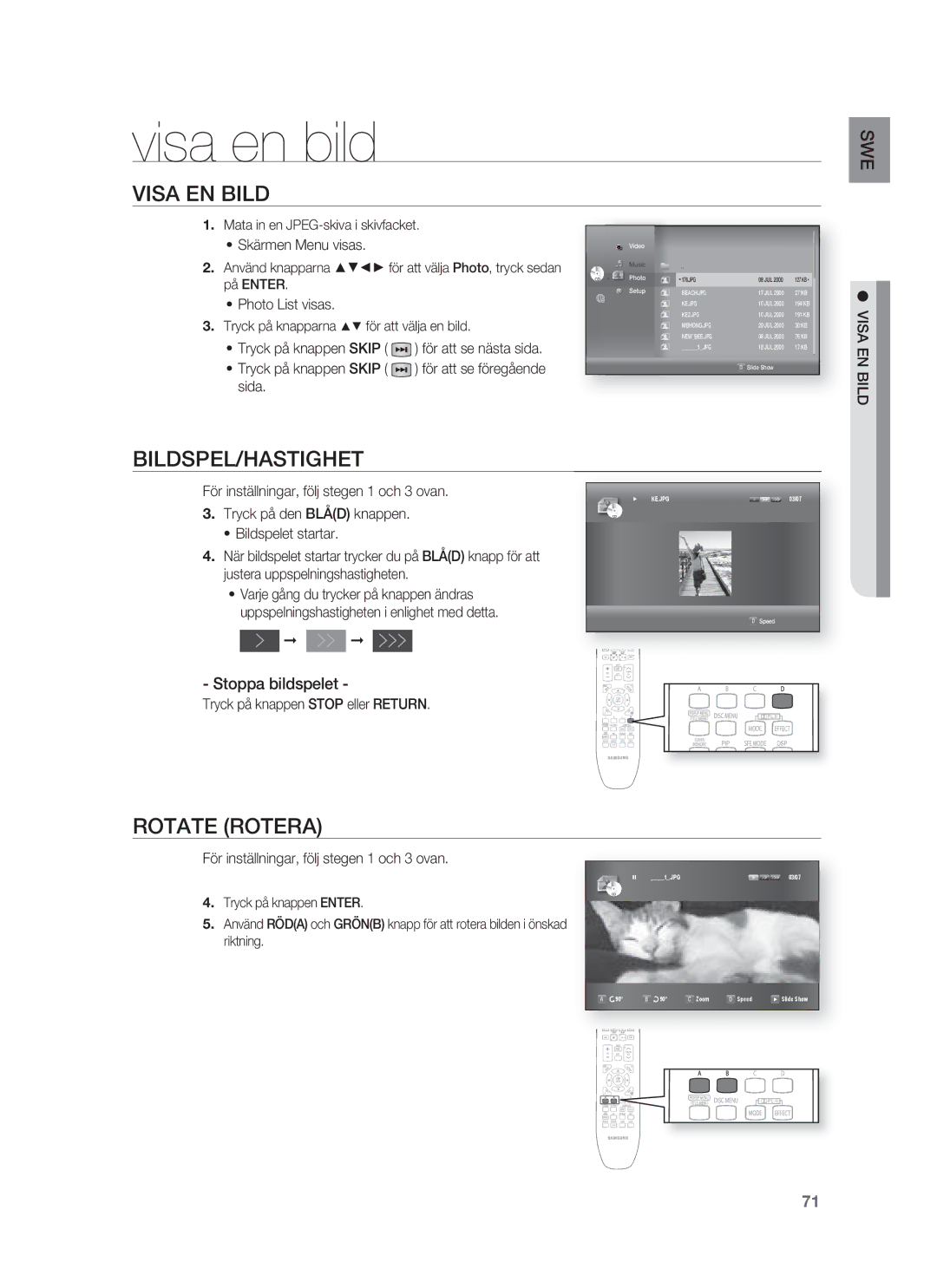 Samsung HT-BD1252R/XEE, HT-BD1255R/XEE Visa en bild, Visa EN Bild, Bildspel/Hastighet, Rotate Rotera, Stoppa bildspelet 