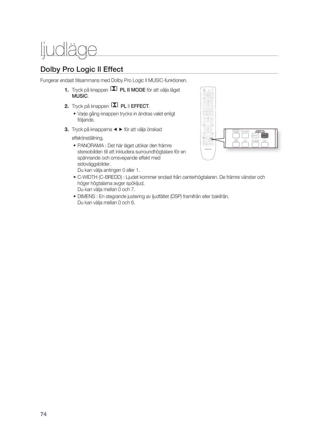 Samsung HT-BD1252R/XEE, HT-BD1255R/XEE, HT-BD1250R/XEE manual Dolby Pro Logic Il Effect, Music 