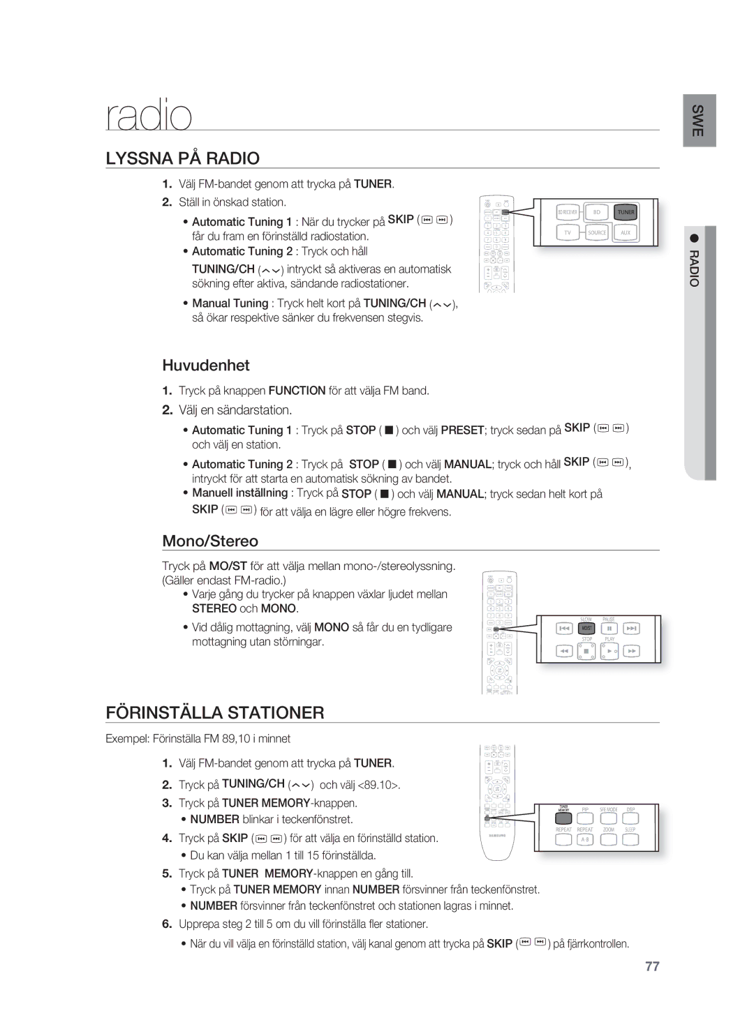 Samsung HT-BD1252R/XEE, HT-BD1255R/XEE, HT-BD1250R/XEE Lyssna PÅ Radio, Förinställa Stationer, Huvudenhet, Mono/Stereo 