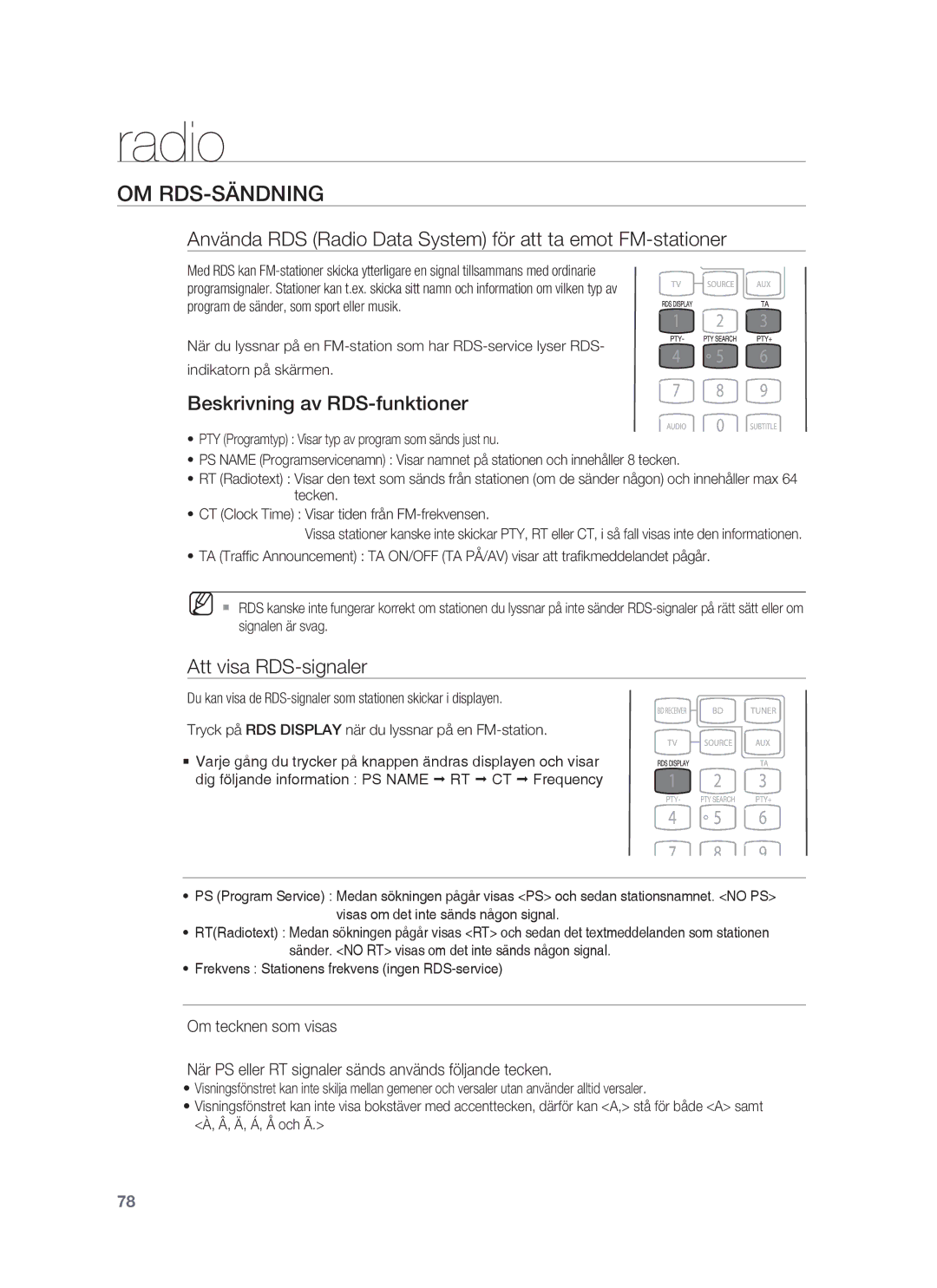 Samsung HT-BD1255R/XEE Om Rds-Sändning, Använda RDS Radio Data System för att ta emot FM-stationer, Att visa RDS-signaler 