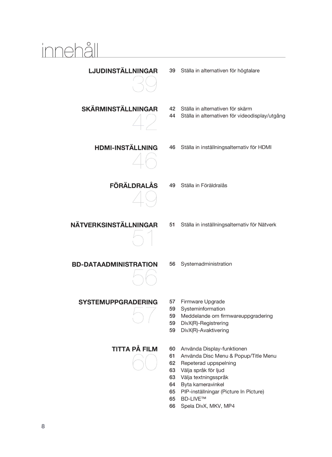 Samsung HT-BD1252R/XEE, HT-BD1255R/XEE, HT-BD1250R/XEE manual Innehåll 