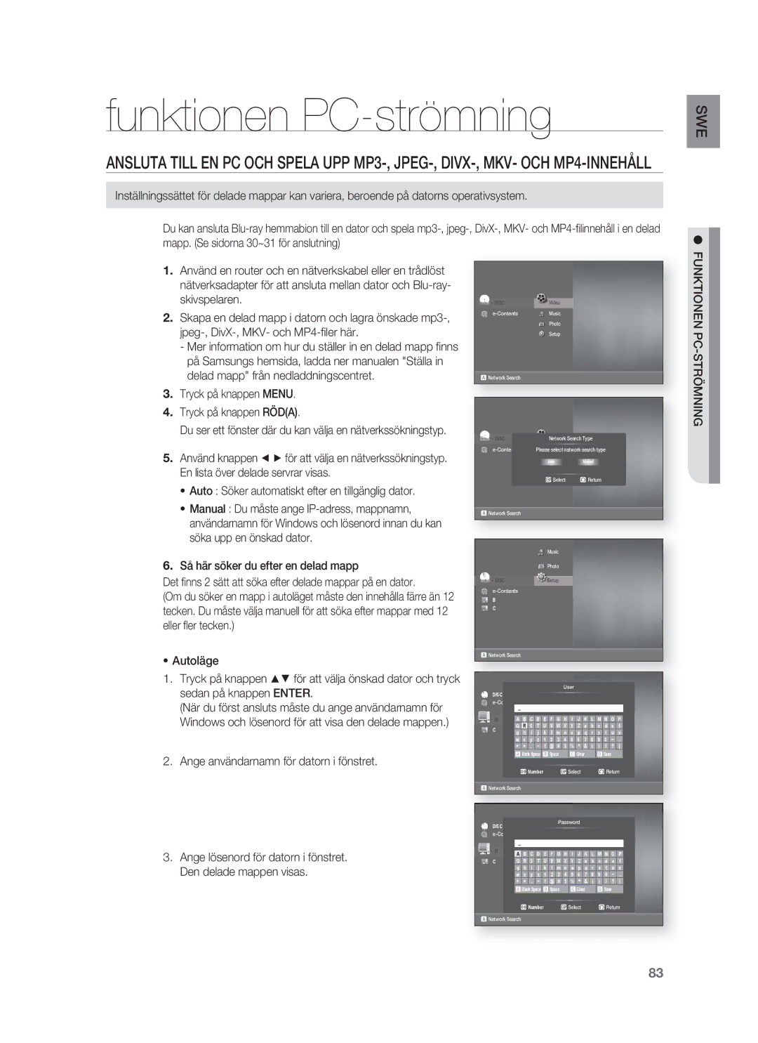 Samsung HT-BD1252R/XEE, HT-BD1255R/XEE, HT-BD1250R/XEE manual Funktionen PC-strömning, Funktionen PC-STRÖMNING 