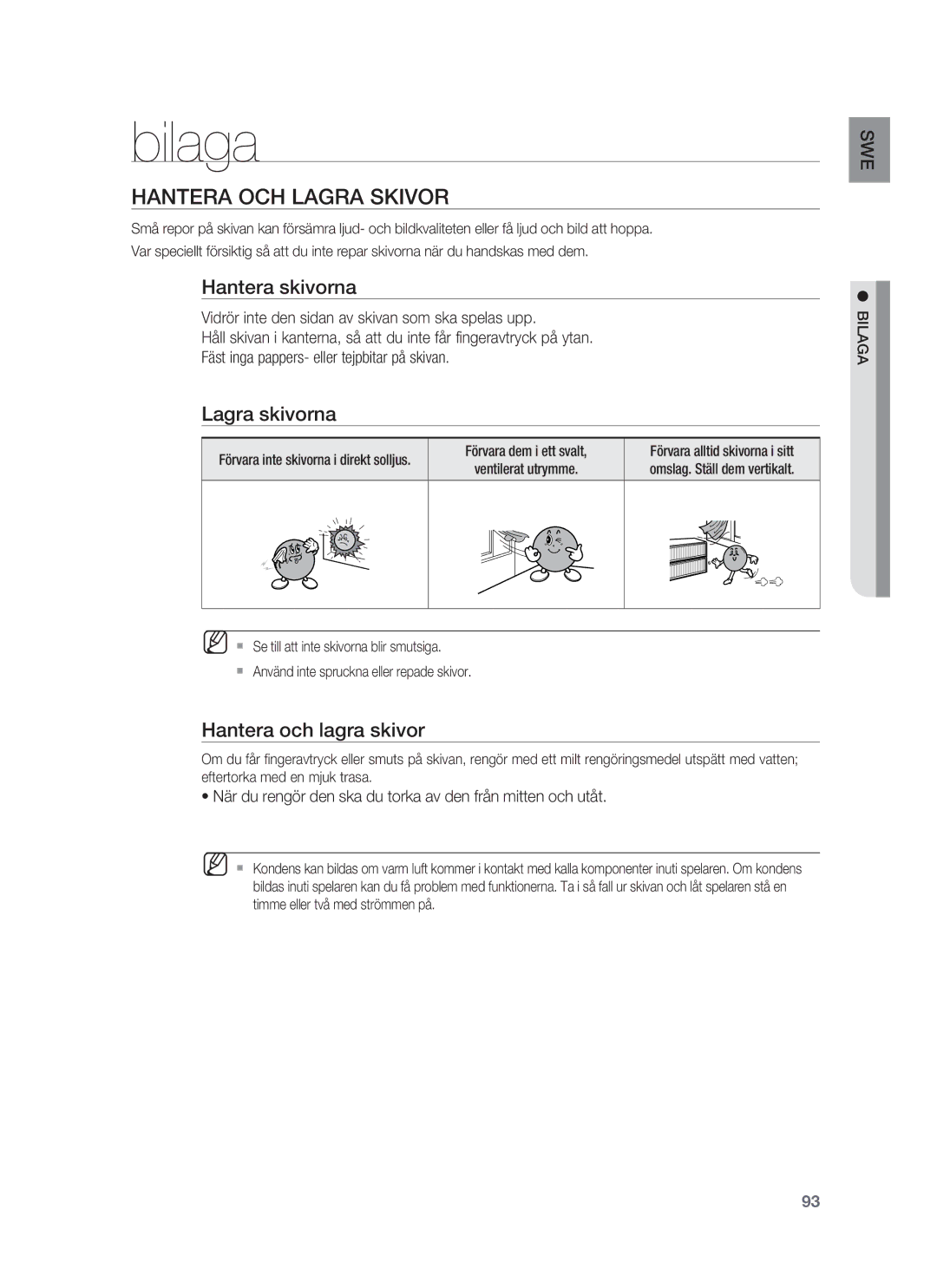 Samsung HT-BD1255R/XEE manual Bilaga, Hantera OCH Lagra Skivor, Hantera skivorna, Lagra skivorna, Hantera och lagra skivor 