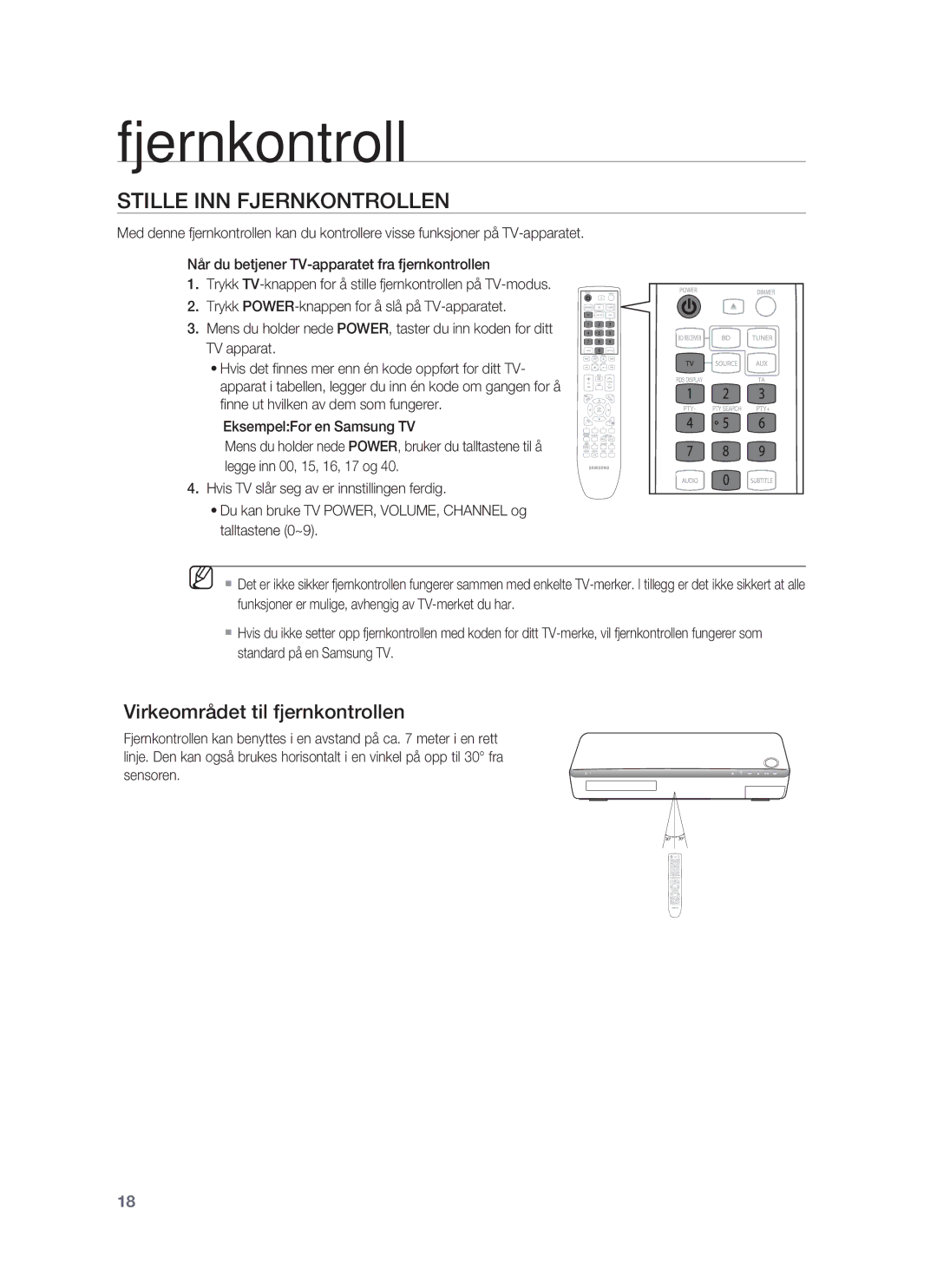 Samsung HT-BD1255R/XEE, HT-BD1250R/XEE, HT-BD1252R/XEE manual Stille INN Fjernkontrollen, Virkeområdet til fjernkontrollen 