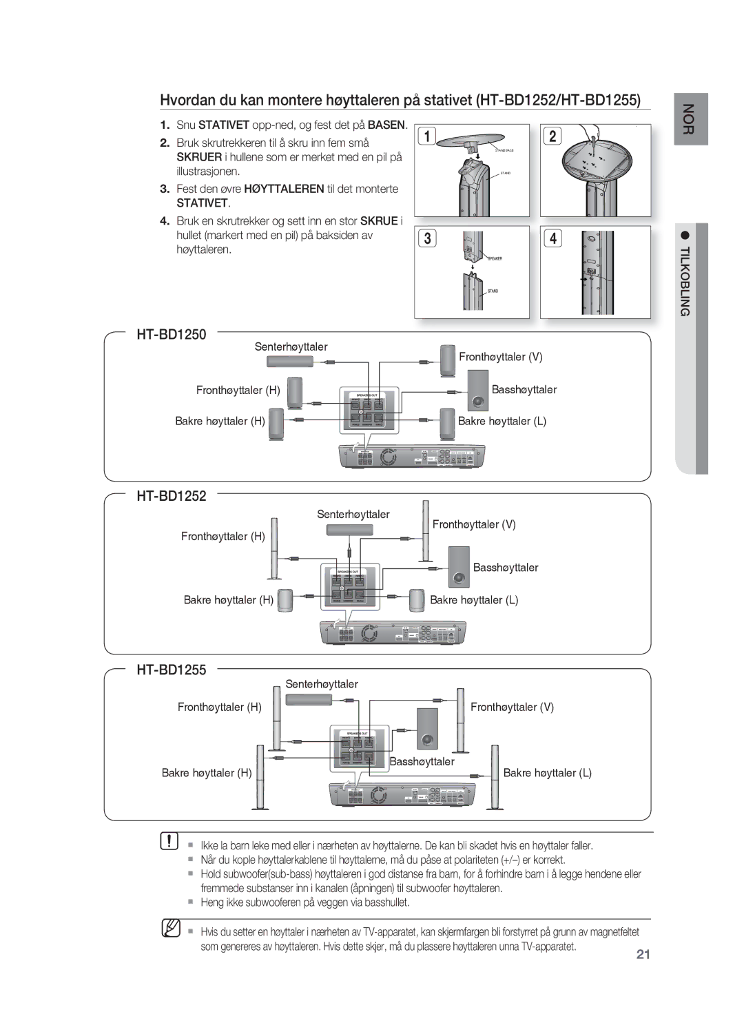 Samsung HT-BD1255R/XEE, HT-BD1250R/XEE, HT-BD1252R/XEE manual Nor, Stativet, Tilkobling 