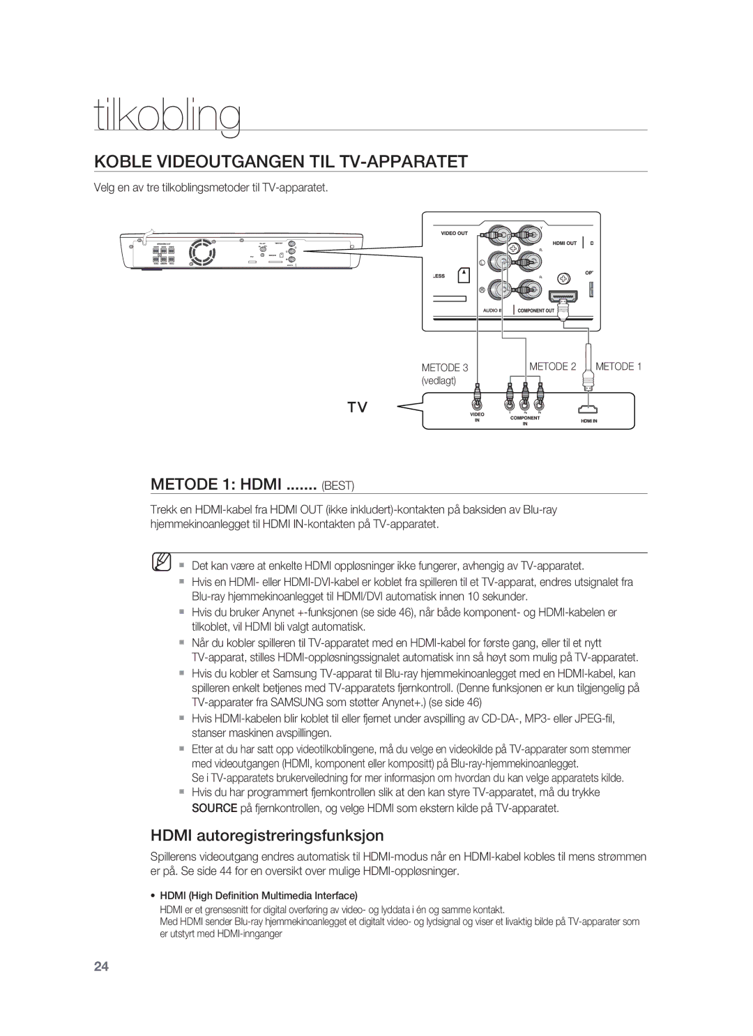 Samsung HT-BD1255R/XEE, HT-BD1250R/XEE manual Koble Videoutgangen TIL TV-APPARATET, Hdmi autoregistreringsfunksjon, Best 