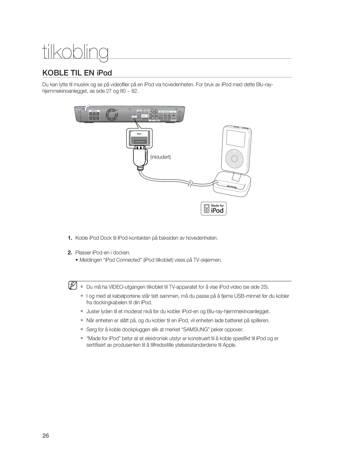 Samsung HT-BD1252R/XEE, HT-BD1255R/XEE, HT-BD1250R/XEE manual Koble TIL EN iPod 