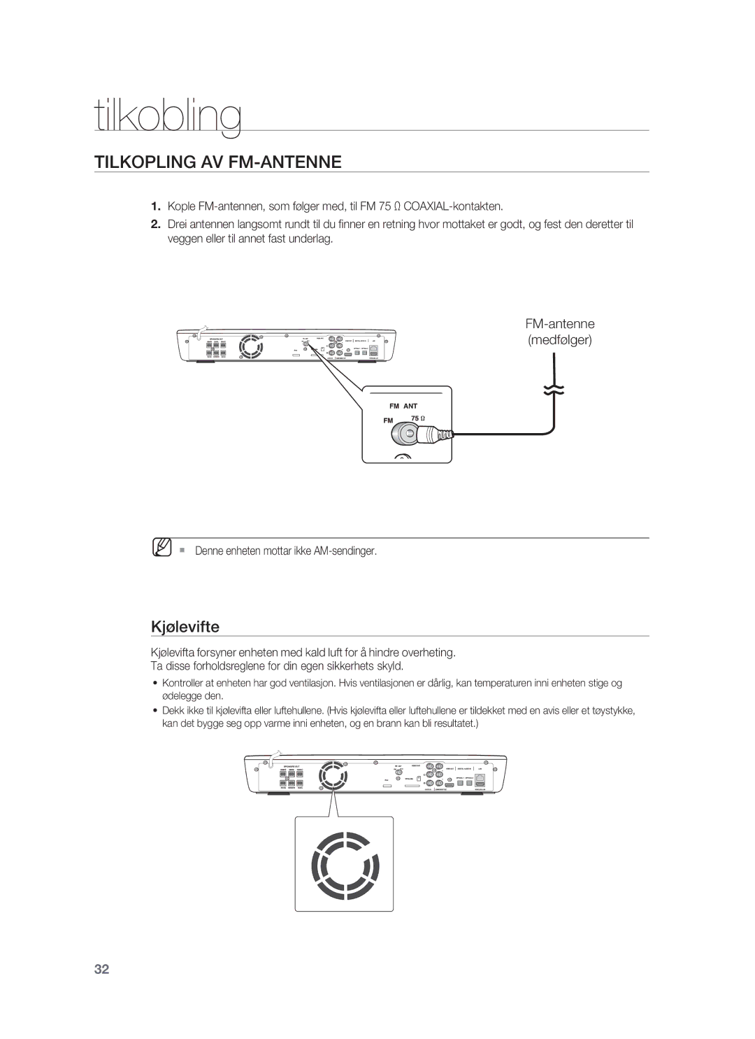 Samsung HT-BD1252R/XEE, HT-BD1255R/XEE, HT-BD1250R/XEE manual Tilkopling AV FM-ANTENNE, Kjølevifte, FM-antenne medfølger 