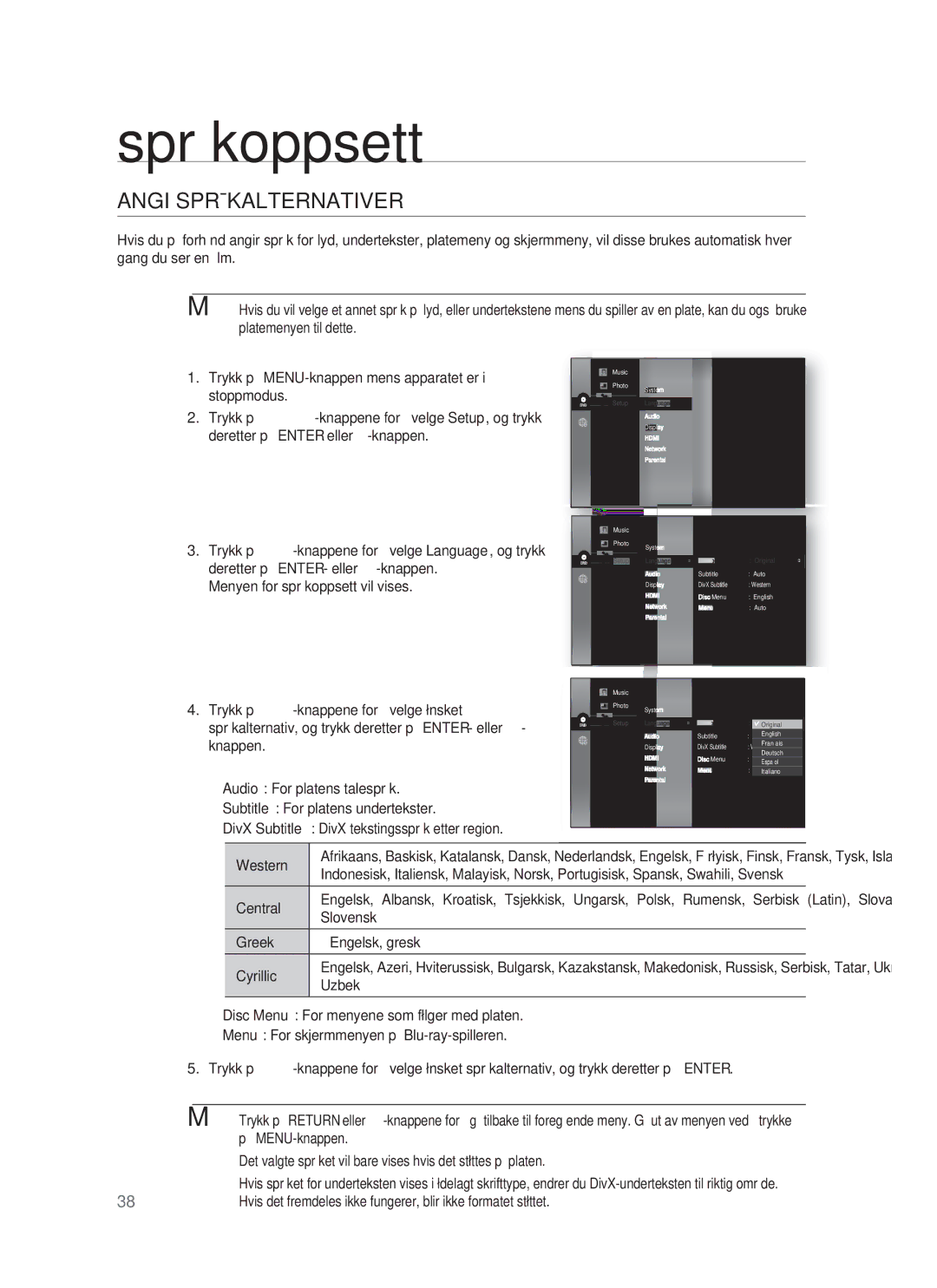 Samsung HT-BD1252R/XEE, HT-BD1255R/XEE, HT-BD1250R/XEE manual Språkoppsett, Angi Språkalternativer, Western 