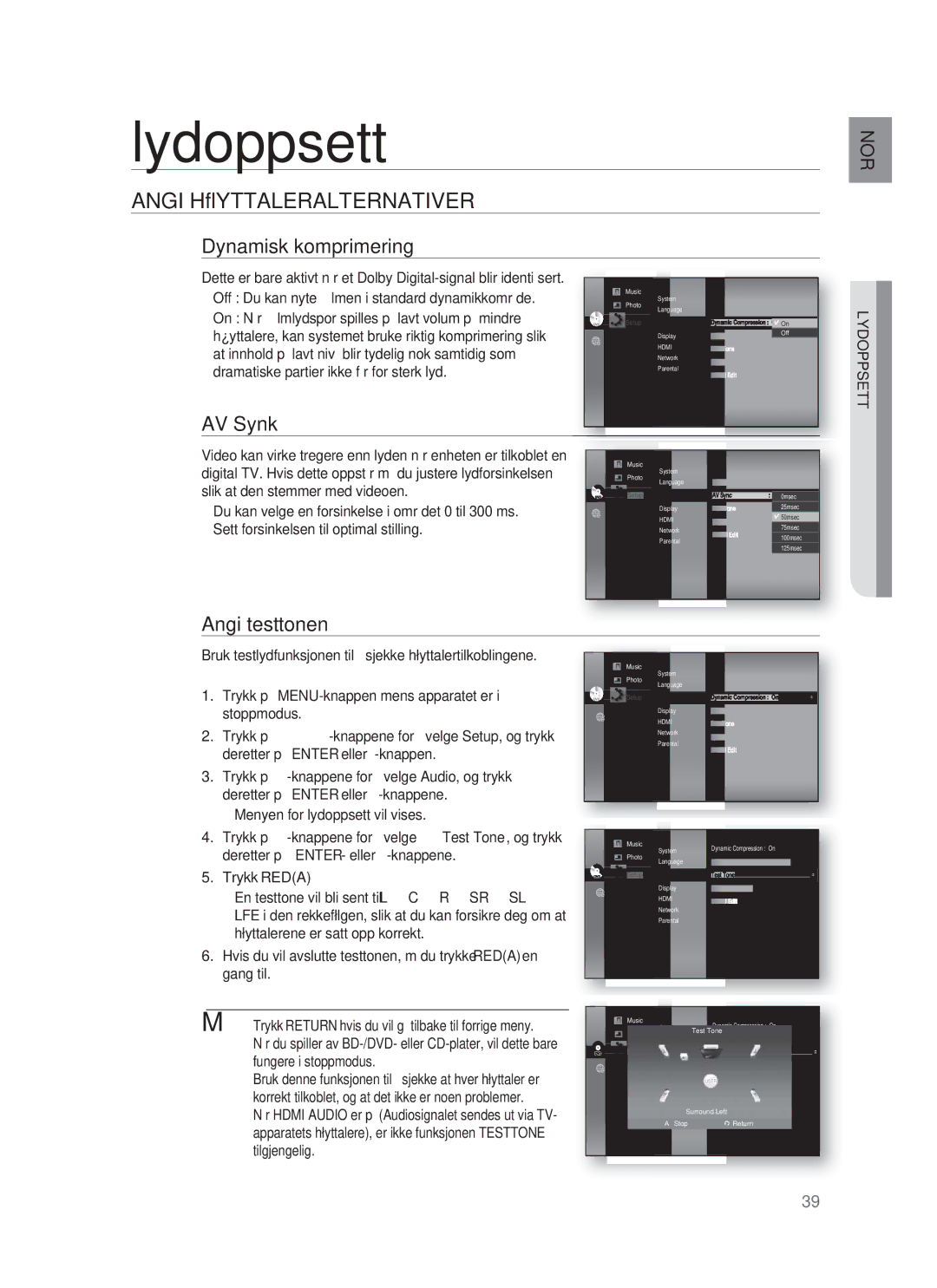 Samsung HT-BD1255R/XEE manual Lydoppsett, Angi Høyttaleralternativer, Dynamisk komprimering, AV Synk, Angi testtonen 