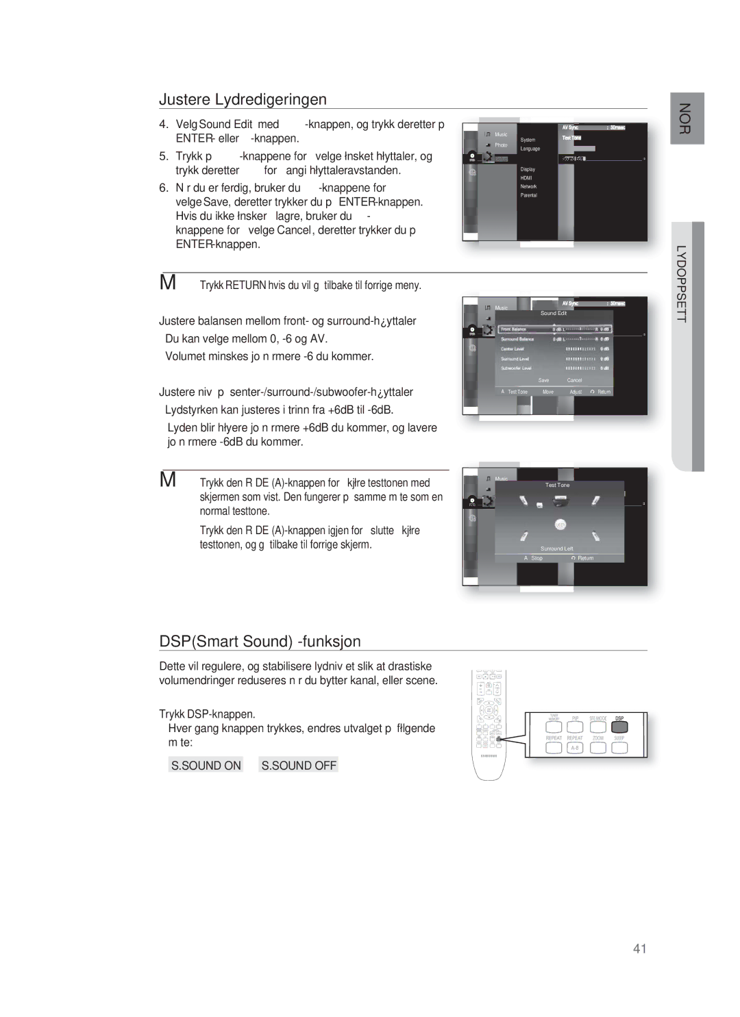 Samsung HT-BD1252R/XEE, HT-BD1255R/XEE, HT-BD1250R/XEE manual DSPSmart Sound -funksjon, Sound on S.SOUND OFF 