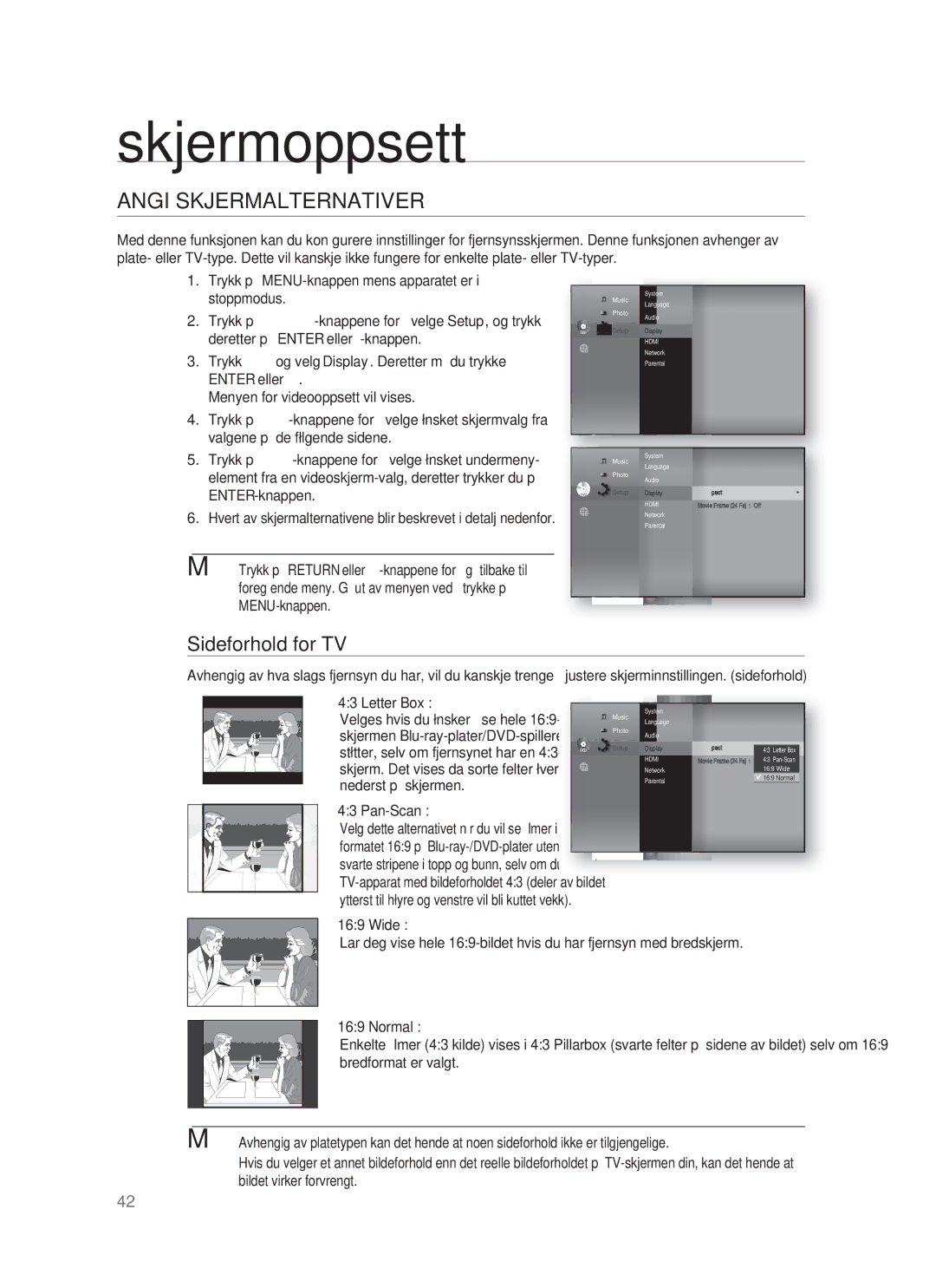 Samsung HT-BD1255R/XEE manual Skjermoppsett, Angi Skjermalternativer, Sideforhold for TV, Nederst på skjermen, Pan-Scan 