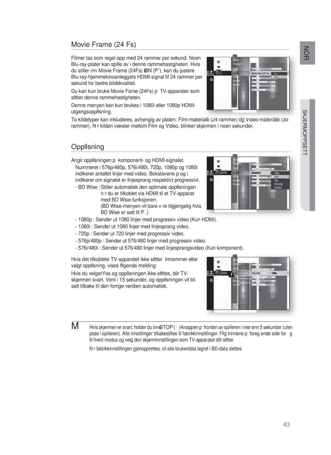 Samsung HT-BD1250R/XEE, HT-BD1255R/XEE, HT-BD1252R/XEE manual Movie Frame 24 Fs, Oppløsning, Skjermoppsett 