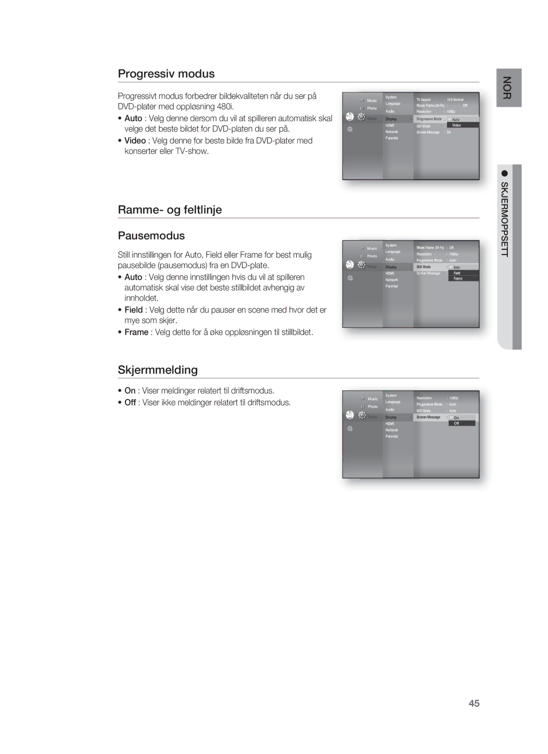 Samsung HT-BD1255R/XEE, HT-BD1250R/XEE, HT-BD1252R/XEE manual Progressiv modus, Ramme- og feltlinje, Skjermmelding 