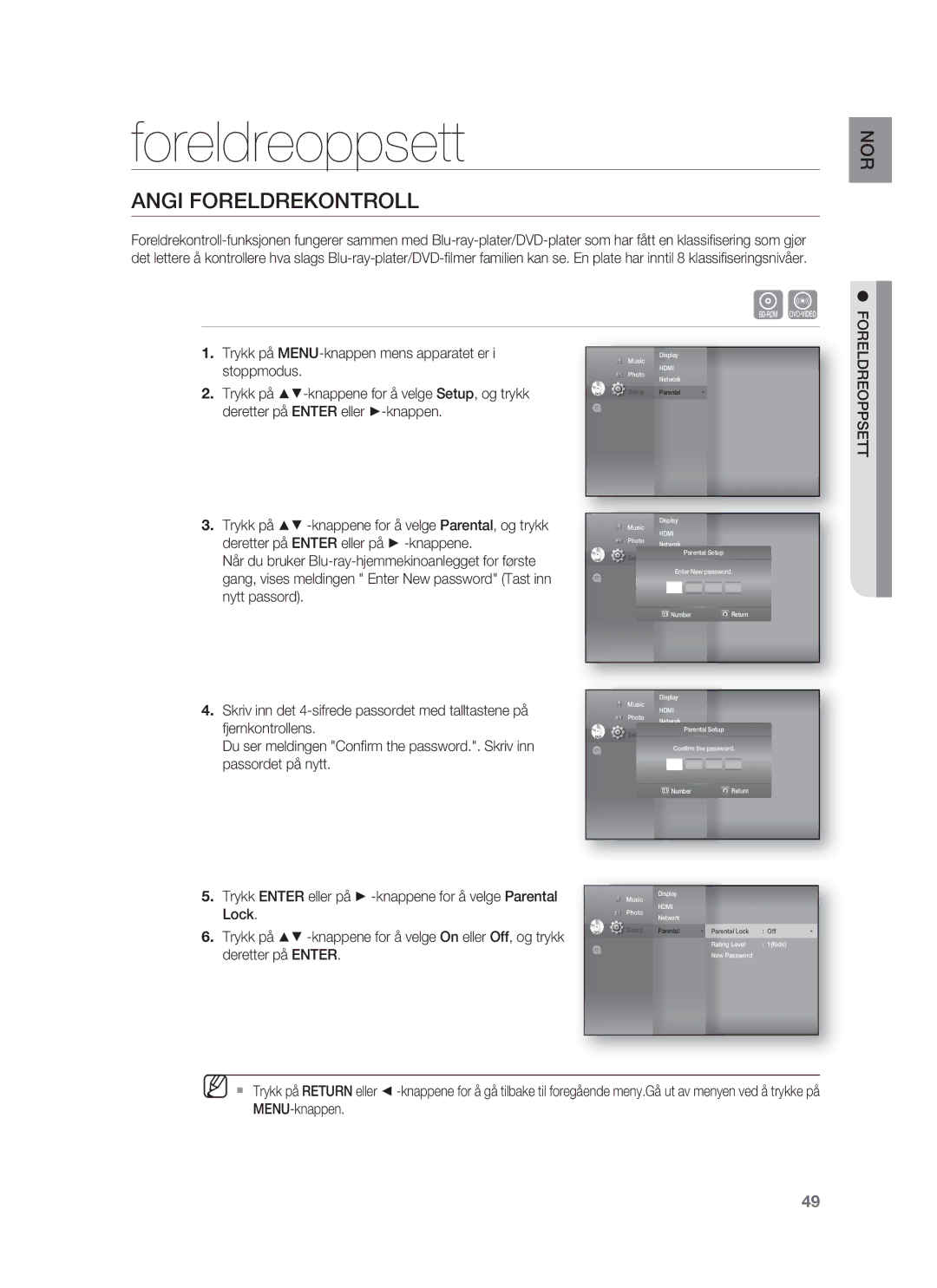 Samsung HT-BD1250R/XEE, HT-BD1255R/XEE, HT-BD1252R/XEE manual Foreldreoppsett, Angi Foreldrekontroll 