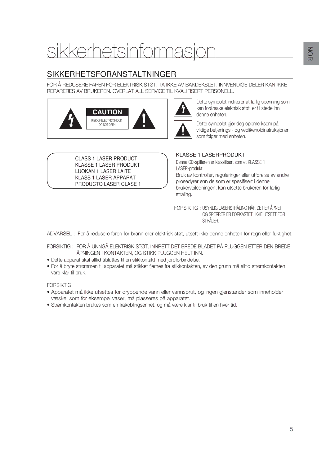 Samsung HT-BD1252R/XEE, HT-BD1255R/XEE Sikkerhetsinformasjon, Sikkerhetsforanstaltninger, Klasse 1 Laserprodukt, Forsiktig 