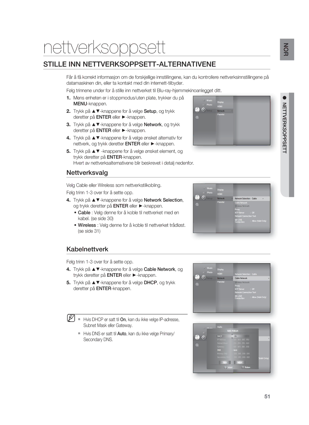 Samsung HT-BD1255R/XEE manual Nettverksoppsett, Stille INN NETTVERKSOPPSETT-ALTERNATIVENE, Nettverksvalg, Kabelnettverk 