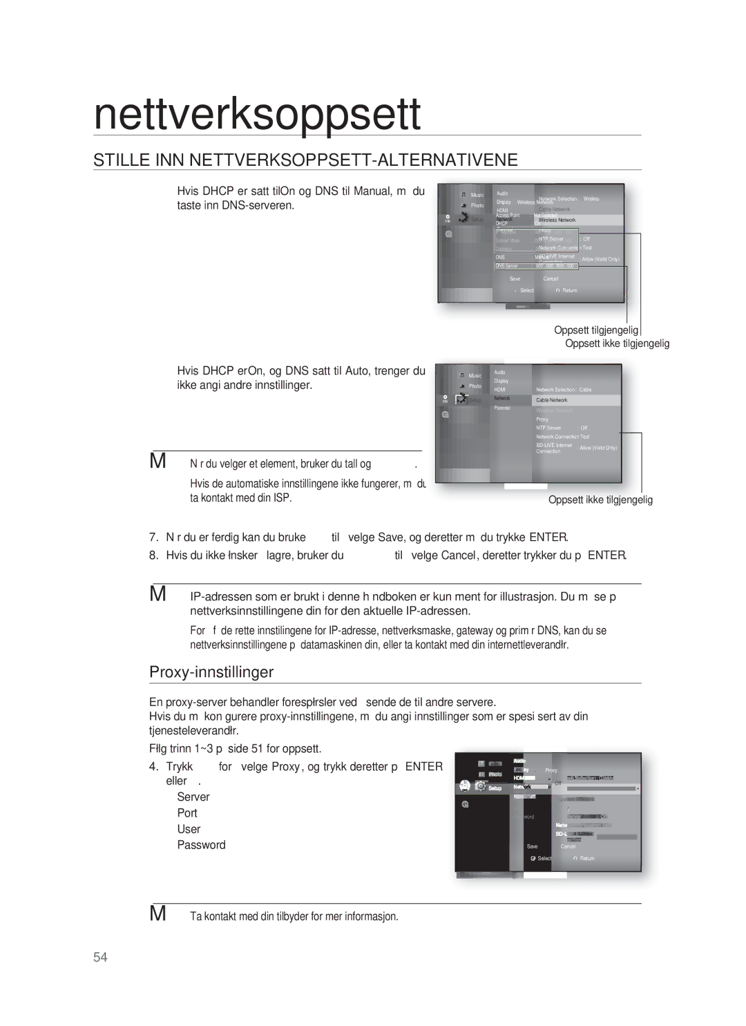 Samsung HT-BD1255R/XEE, HT-BD1250R/XEE, HT-BD1252R/XEE manual Proxy-innstillinger 