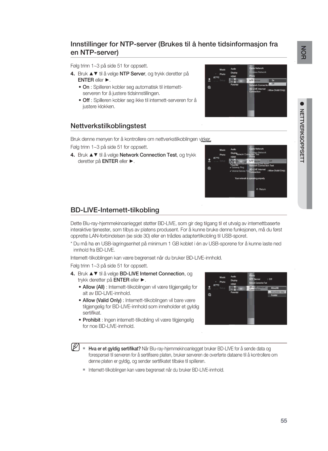 Samsung HT-BD1250R/XEE, HT-BD1255R/XEE, HT-BD1252R/XEE manual Nettverkstilkoblingstest, BD-LIVE-Internett-tilkobling 