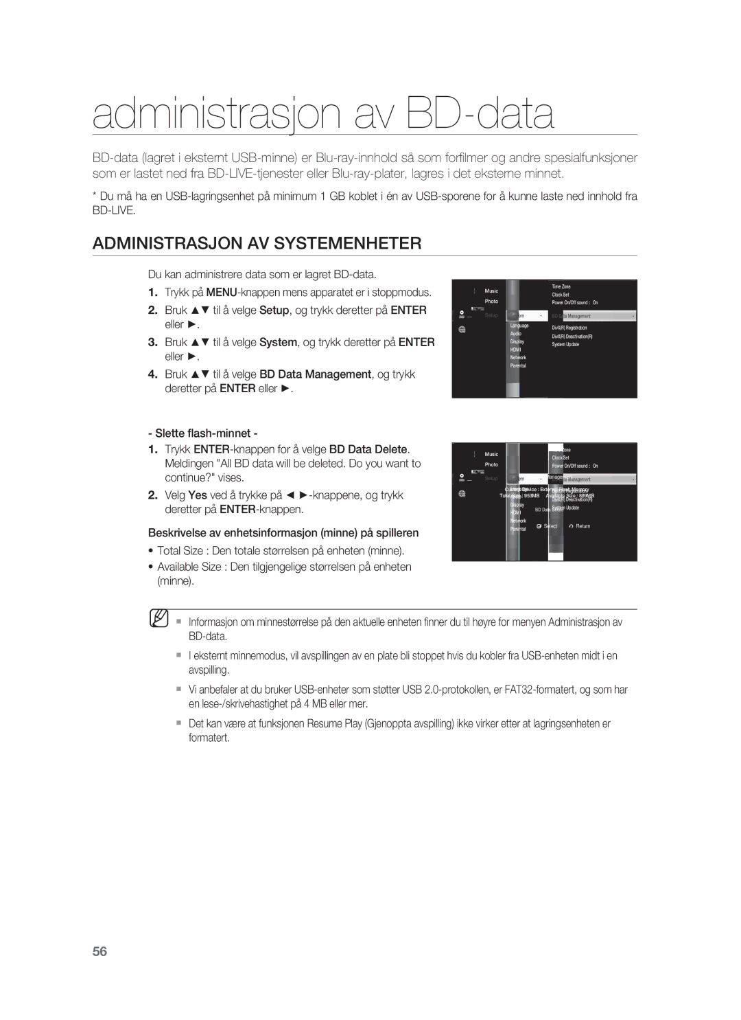 Samsung HT-BD1252R/XEE, HT-BD1255R/XEE, HT-BD1250R/XEE manual Administrasjon av BD-data, Administrasjon AV Systemenheter 