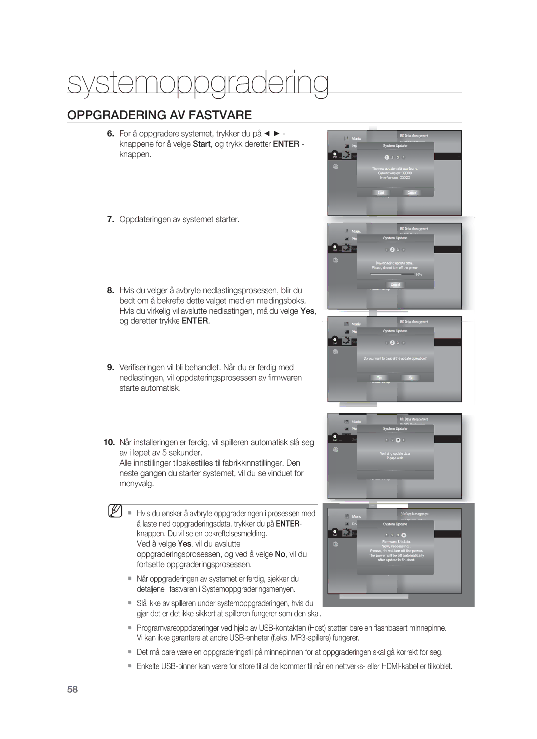 Samsung HT-BD1250R/XEE, HT-BD1255R/XEE manual Oppdateringen av systemet starter, Av i løpet av 5 sekunder, Menyvalg 