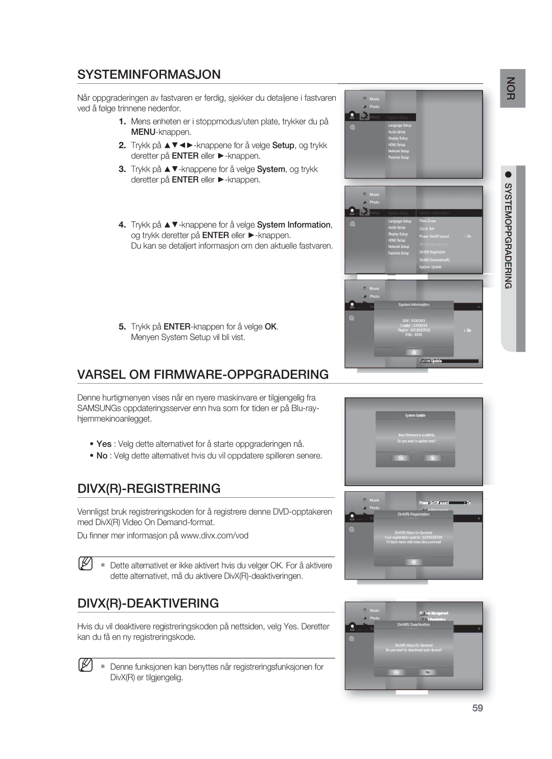 Samsung HT-BD1252R/XEE manual Systeminformasjon, Varsel OM FIRMWARE-OPPGRADERING, Divxr-Registrering, Divxr-Deaktivering 