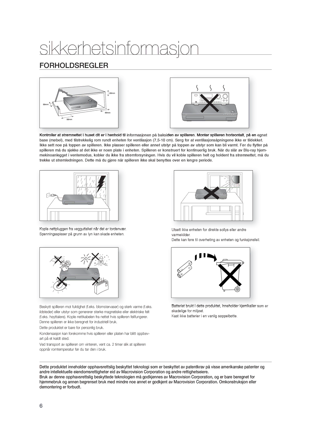 Samsung HT-BD1255R/XEE, HT-BD1250R/XEE, HT-BD1252R/XEE manual Forholdsregler 