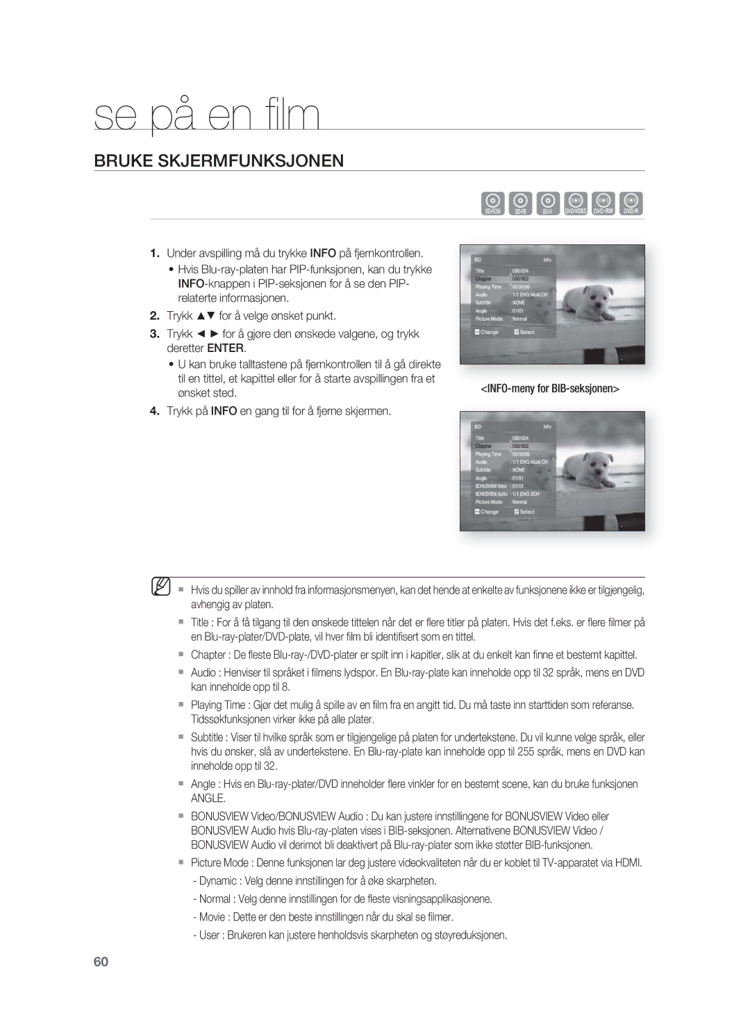 Samsung HT-BD1255R/XEE, HT-BD1250R/XEE manual Se på en ﬁ lm, Bruke Skjermfunksjonen, INFO-meny for BIB-seksjonen, Angle 