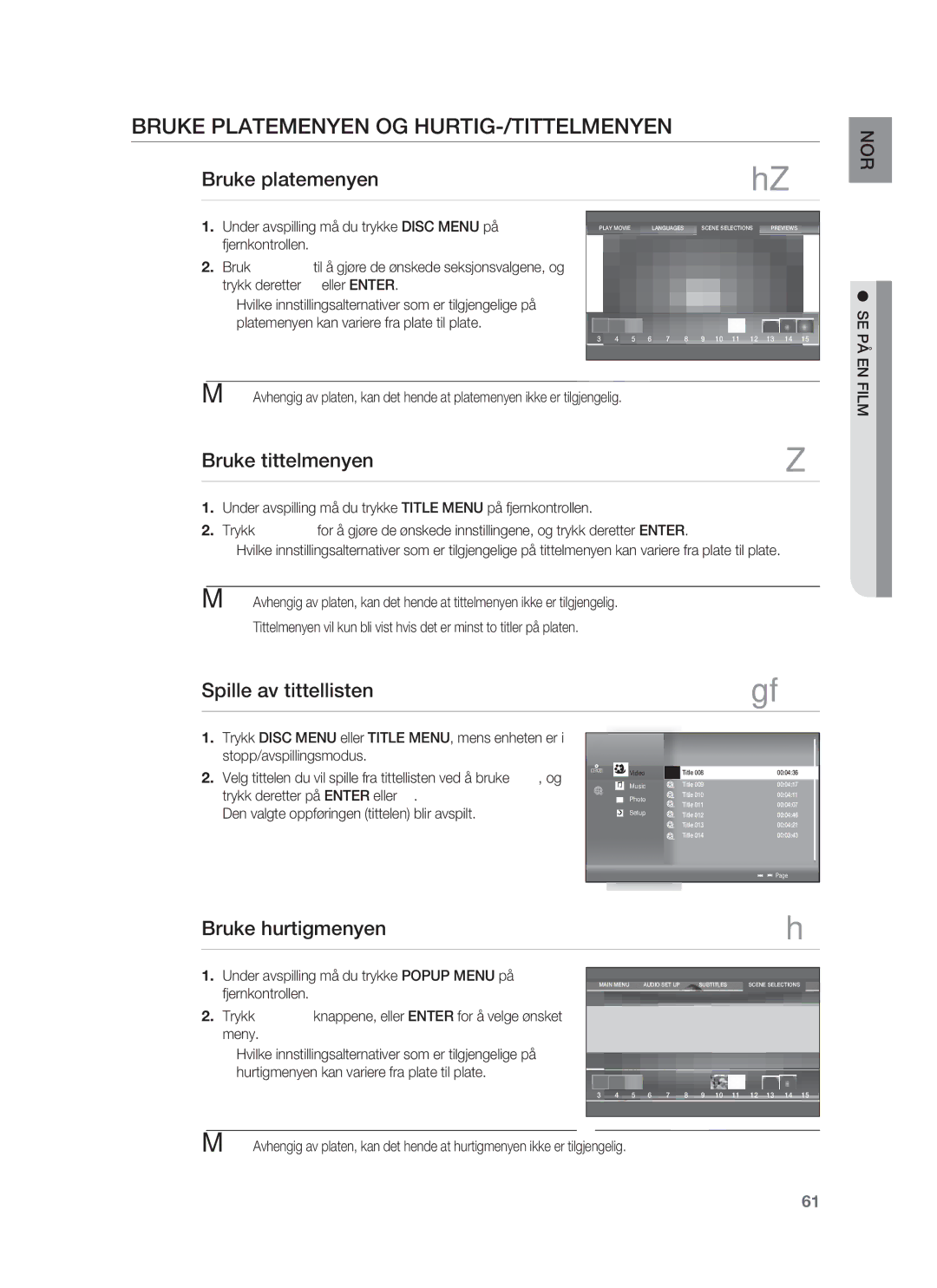 Samsung HT-BD1250R/XEE, HT-BD1255R/XEE Bruke Platemenyen OG HURTIG-/TITTELMENYEN, Bruke platemenyen, Bruke tittelmenyen 