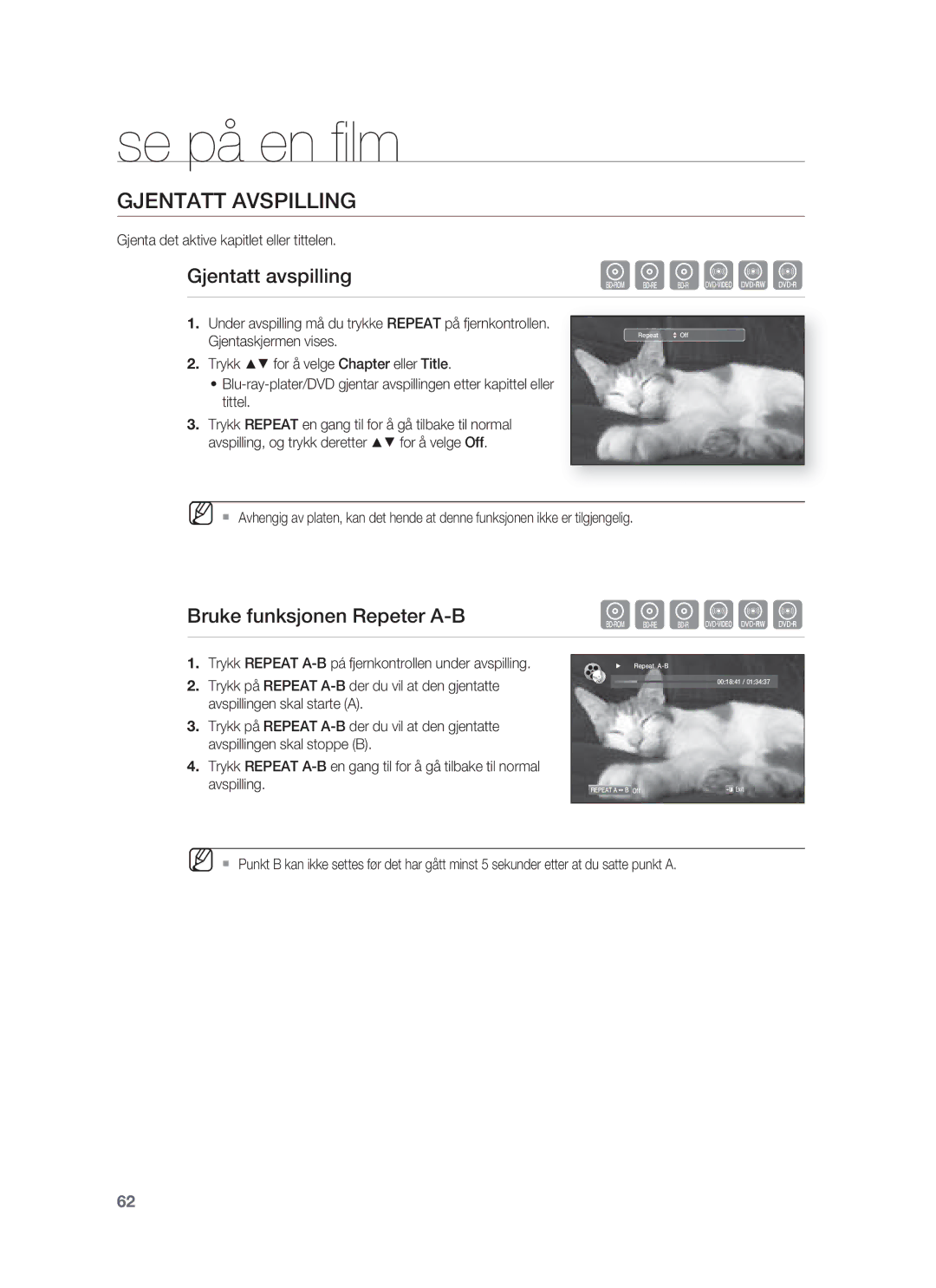 Samsung HT-BD1252R/XEE, HT-BD1255R/XEE manual Gjentatt Avspilling, Gjentatt avspilling, Bruke funksjonen Repeter A-B 