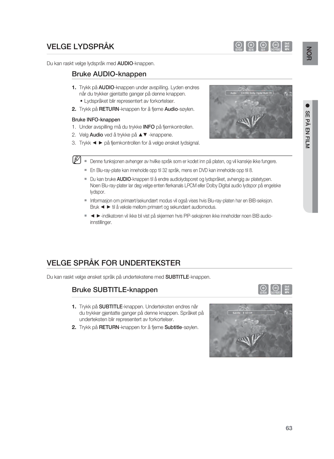 Samsung HT-BD1255R/XEE manual Velge Lydspråk, Velge Språk for Undertekster, Bruke AUDIO-knappen, Bruke SUBTITLE-knappen 