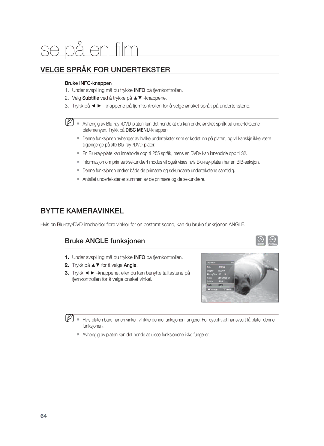 Samsung HT-BD1250R/XEE, HT-BD1255R/XEE, HT-BD1252R/XEE manual Bytte Kameravinkel, Bruke Angle funksjonen 