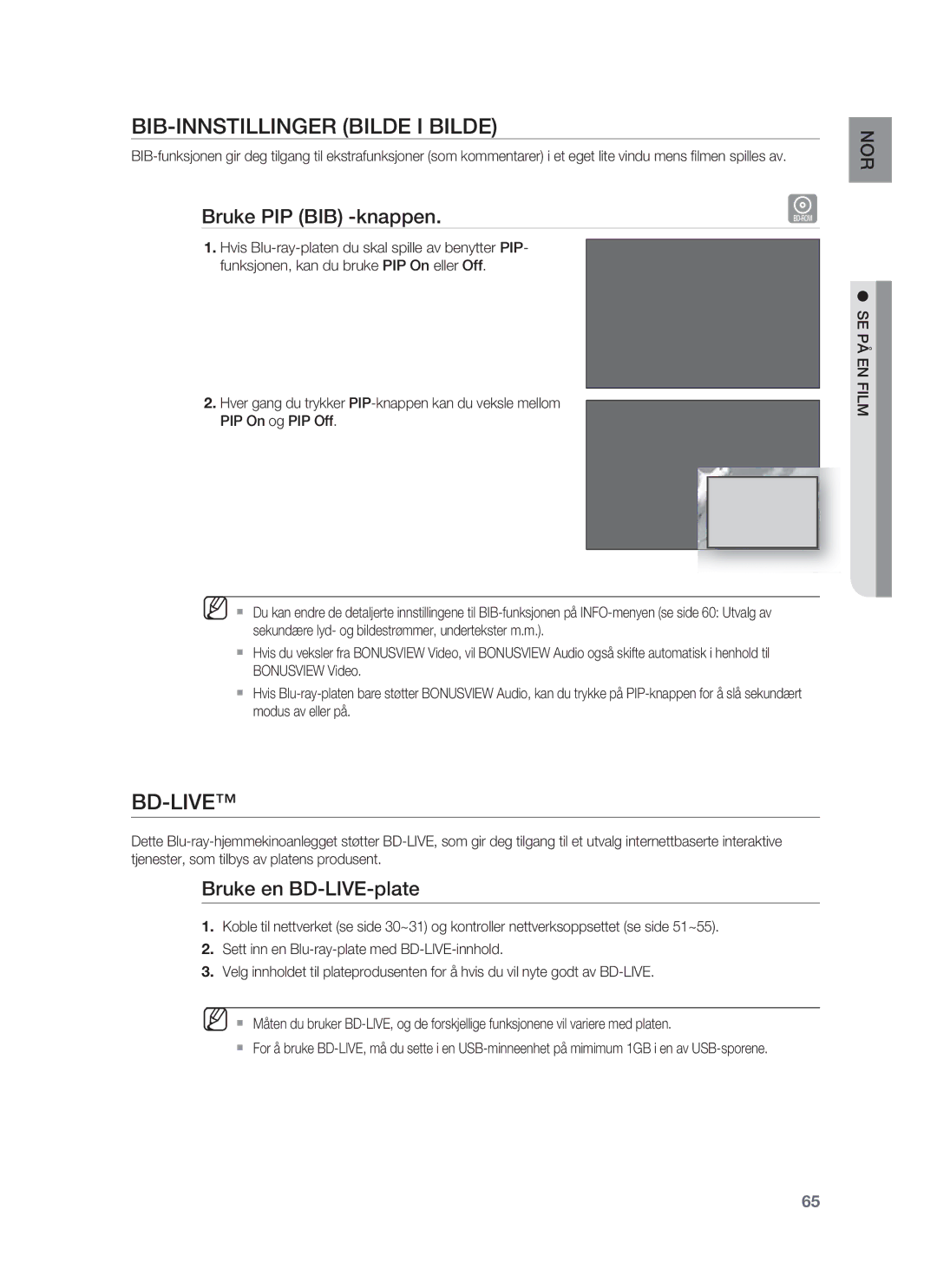 Samsung HT-BD1252R/XEE manual BIB-INNSTILLINGER Bilde I Bilde, Bd-Live, Bruke PIP BIB -knappen, Bruke en BD-LIVE-plate 