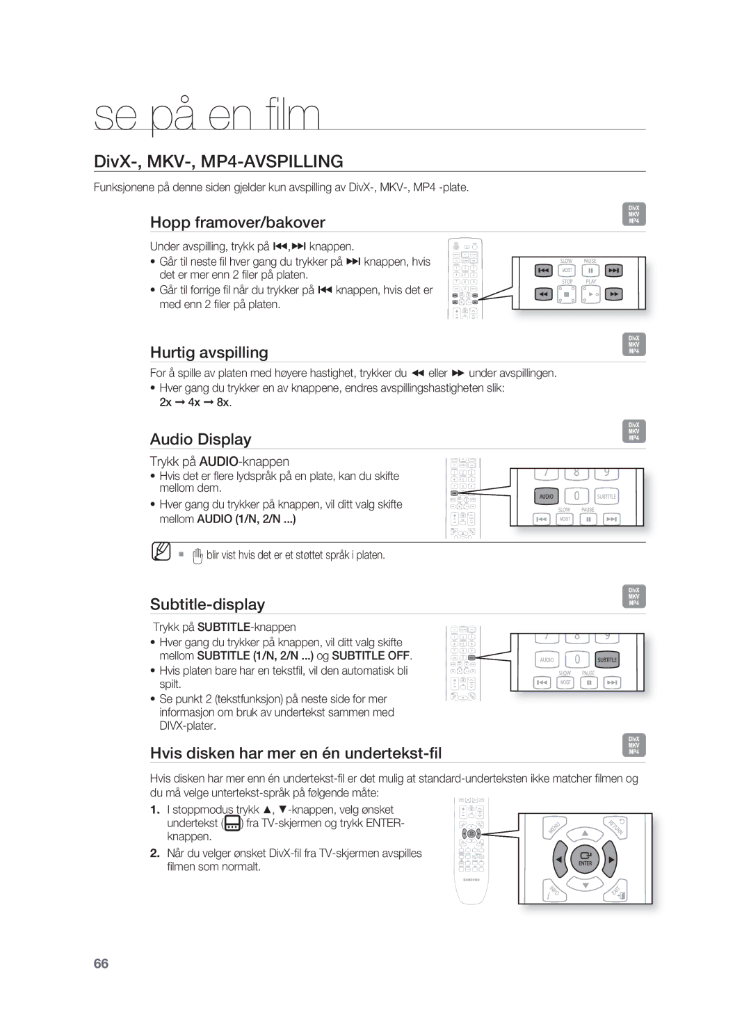 Samsung HT-BD1255R/XEE, HT-BD1250R/XEE manual Hopp framover/bakover, Hurtig avspilling, Audio Display, Subtitle-display 