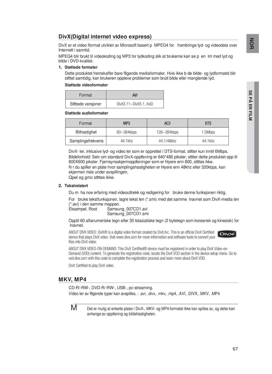 Samsung HT-BD1250R/XEE, HT-BD1255R/XEE, HT-BD1252R/XEE manual DivXDigital internet video express, Avi, Dts 