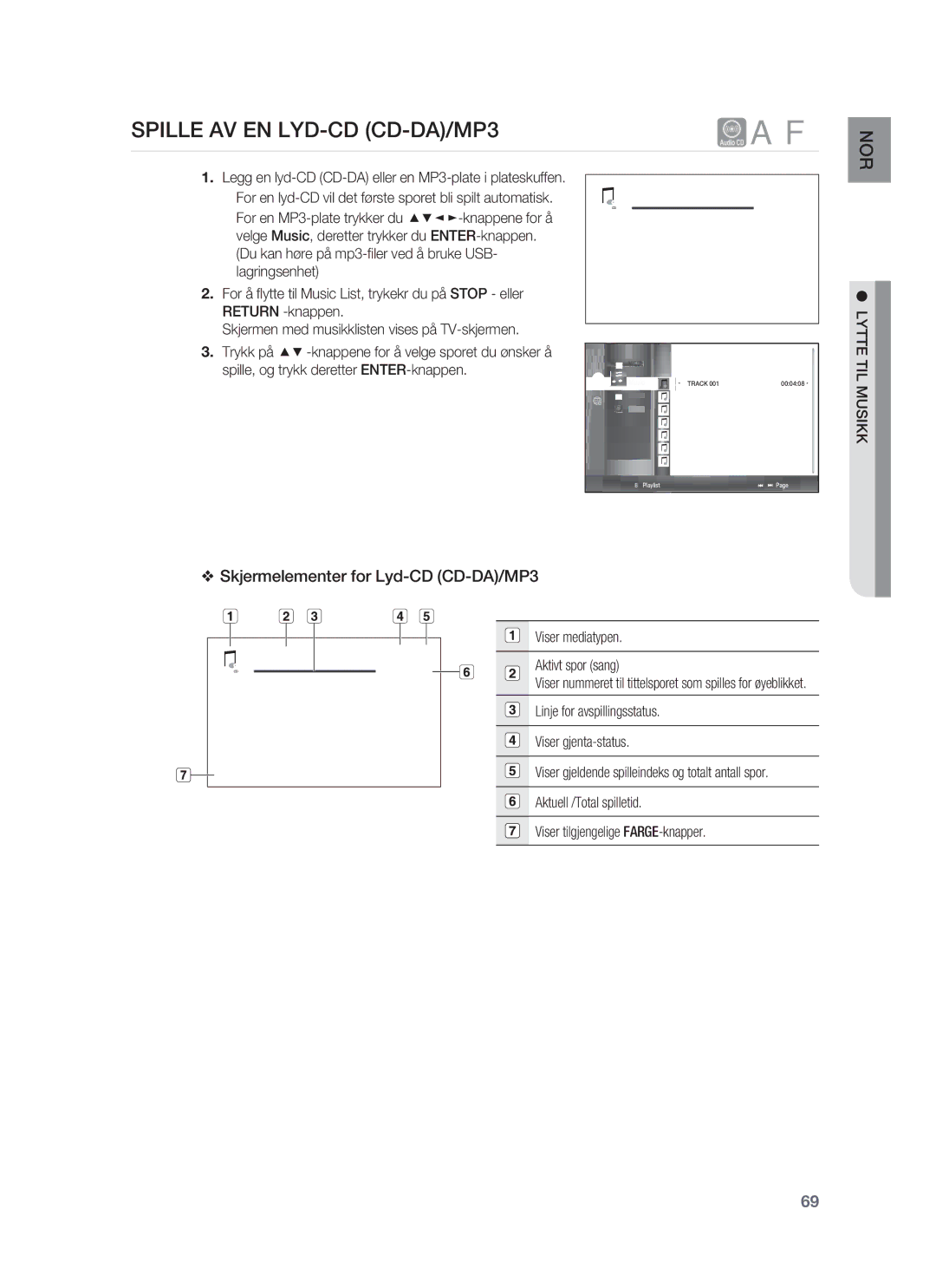 Samsung HT-BD1255R/XEE, HT-BD1250R/XEE, HT-BD1252R/XEE manual Spille AV EN LYD-CD CD-DA/MP3, Lytte TIL Musikk 