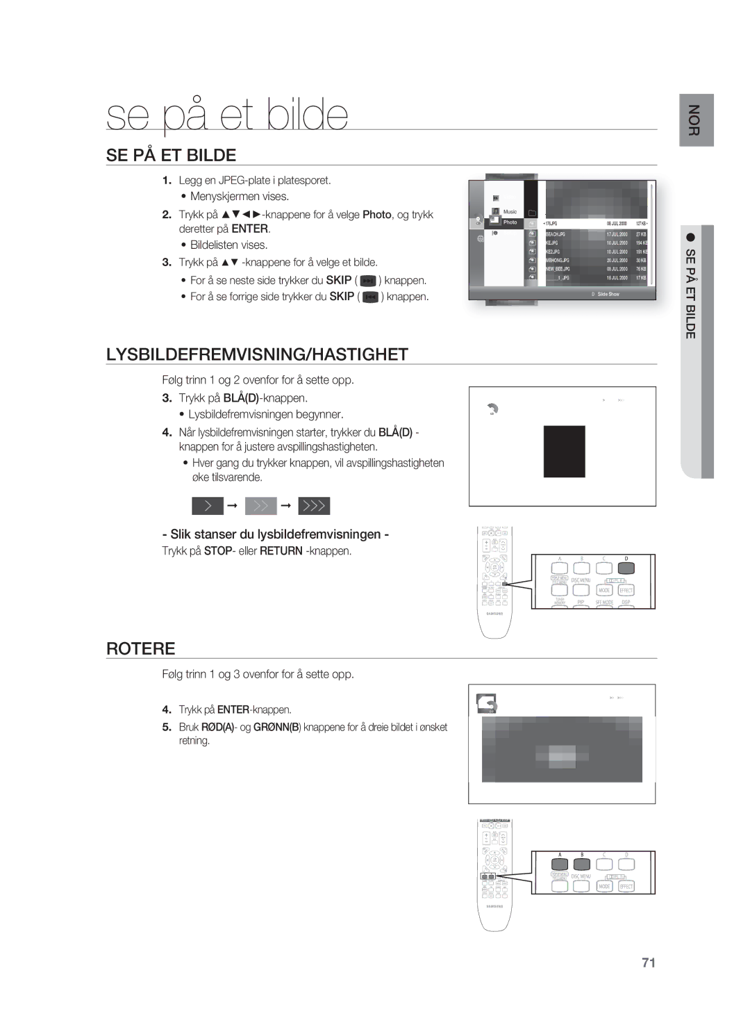 Samsung HT-BD1252R/XEE, HT-BD1255R/XEE manual Se på et bilde, SE PÅ ET Bilde, Lysbildefremvisning/Hastighet, Rotere 